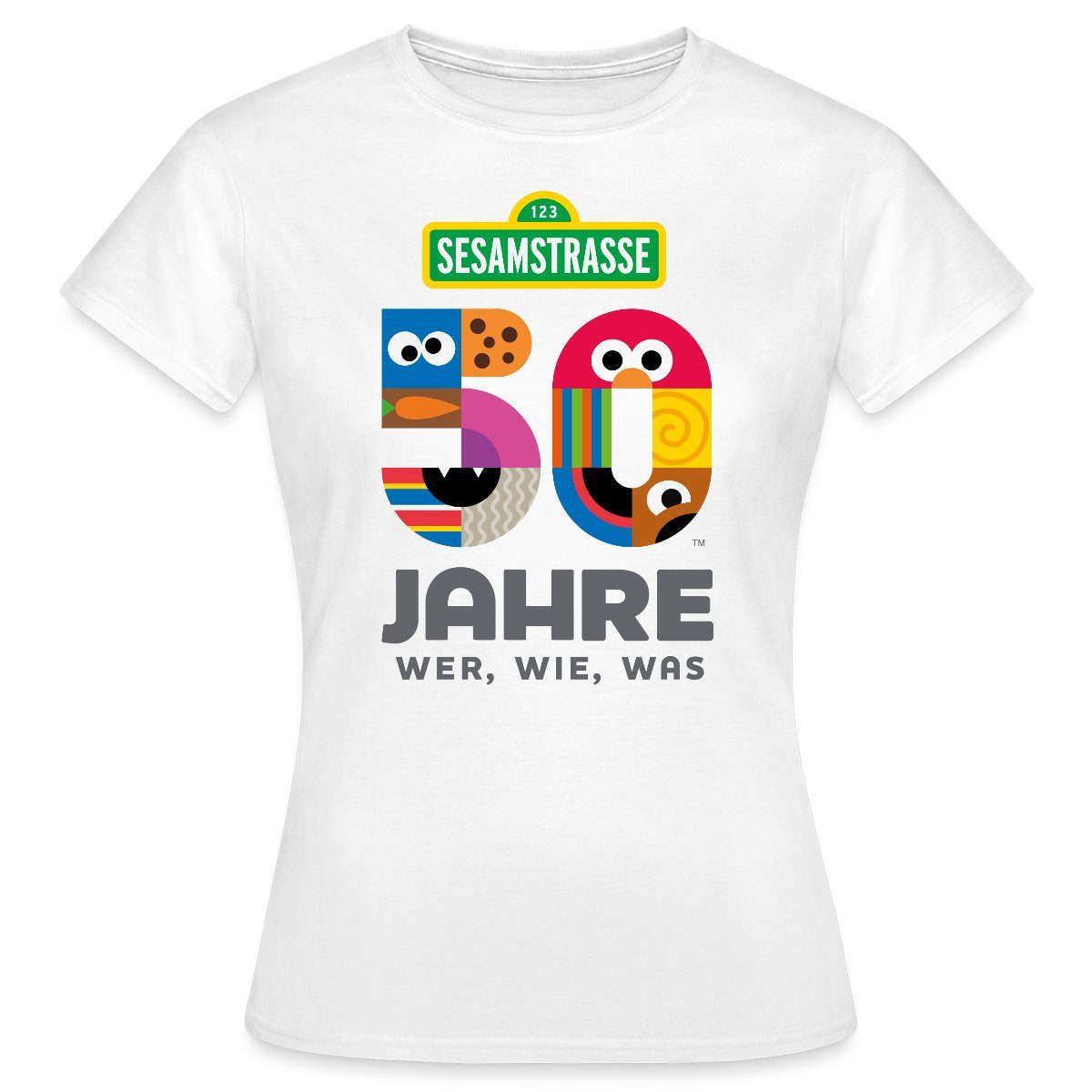Spreadshirt T-Shirt Sesamstraße 50 Jahre Jubiläum Wer, Wie, Was Frauen T-Shirt (1-tlg)