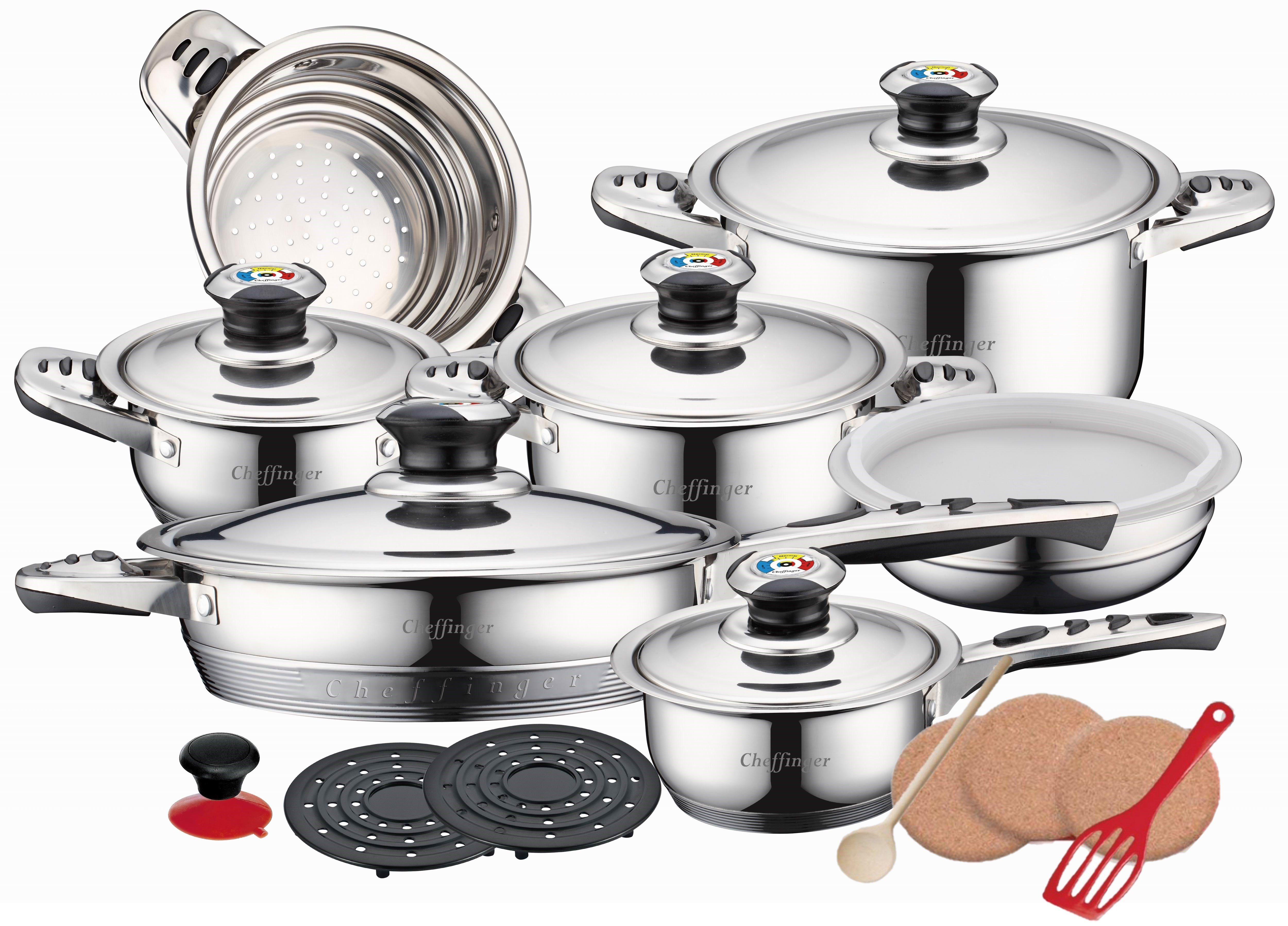 KESSMANN Pfannen-Set 3 Töpfe Ø 16 20 24 cm 1 Bratpfanne Ø 24 cm 1 Sauce Pfanne Ø 16 cm, 5x Deckel Ø 16cm Ø 20cm Ø 24cm Ø 24cm Ø 20cm Edelstahl 18/10 (Inkl. Zubehör Dunsteinsatz Ø 20cm + Rührschüssel mit Deckel Ø 20cm + Saugnapf + 5x Hitzebeständige Topfuntersetzern + 1x Pfannenwender von Fackelmann + 1x Holzlöffel - 21 TEILIGES MEGA SET - Induktion Edelstahlpfanne für Induktionsherd Antihaftbeschichtet hohe Beständigkeit Backofenfest kratzfest hoher Rand ohne Fett / Öl braten Fanne braten kochen Bratpfanne Set Küchenutensilien Utensilien zum Braten von Fisch, Fleisch und Gemüse wokpfanne mit Glasdeckel rostfrei Antihaftbeschichtung Pan Fanne Spülmaschinenfest hochrandpfanne Topf Geschirrset Sauce Pan Kochtopf Schmor Servierpfanne Brattopf Tiegel Milchtopf Grilltopf Gemüsetopf Frittiertopf Fonduetopf Einkochtopf Dampfgartopf Sauteuse Schnellkochtopf Simmertopf Spaghettitopf, 21-tlg., Spargeltopf Suppentopf Wasserkesselschmortopf Suppentopf), Bratpfannenset Induktionsgeeignet Kochpfanne Pfannenset Fanne