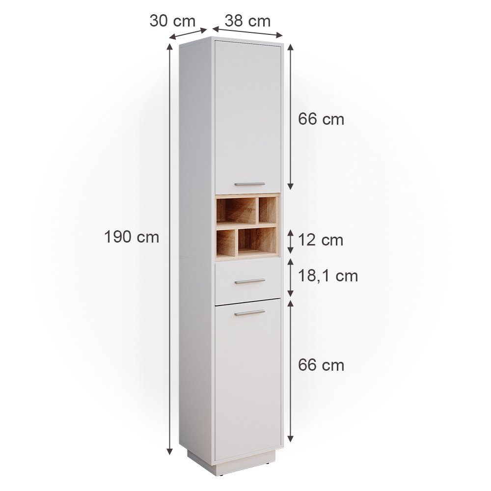 Vicco Hochschrank Beatrice, Weiß/Sonoma, 38 x 190 cm (1-St)