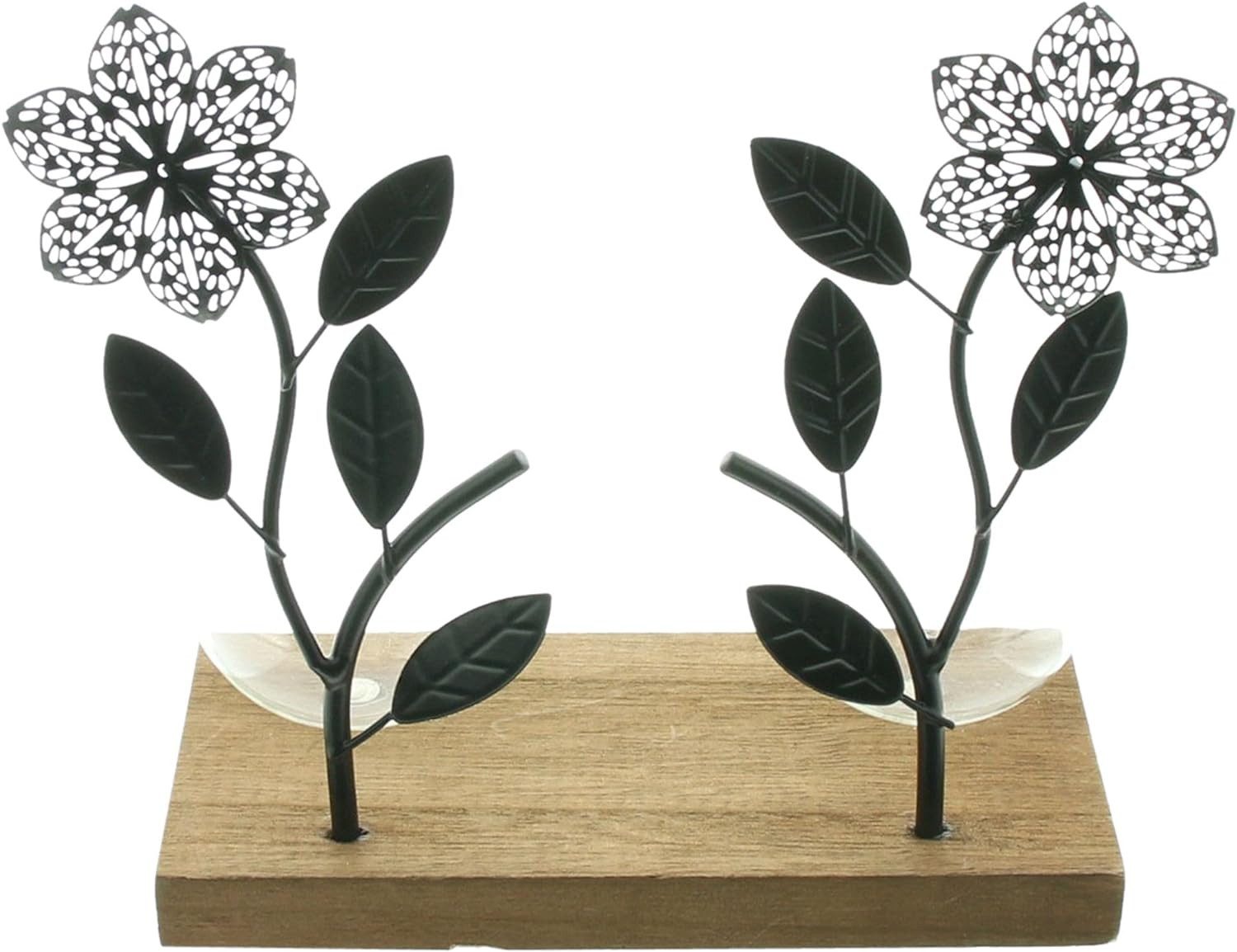 Dekoleidenschaft Dekovase "Flowers" Board aus Holz, 2 Metall Blumen in schwarz, 2 Vasen aus Glas, Dekoboard, Vasenhalter, Blumenvase, Vasenset, Glasvase, Tischdeko