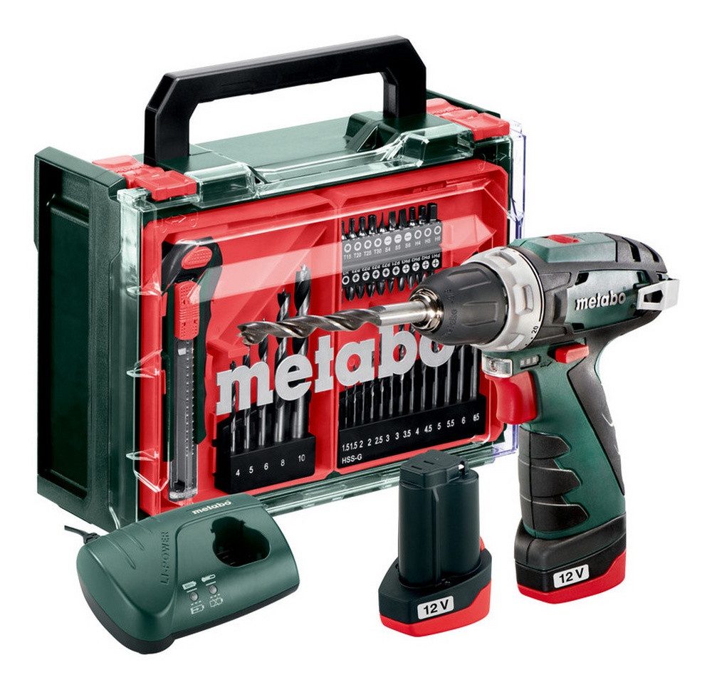 metabo Akku-Bohrschrauber PowerMaxx BS Basic, 12 V, Set Mobile Werkstatt 2 x 2 Ah Li-Ion im Kunststoffkoffer