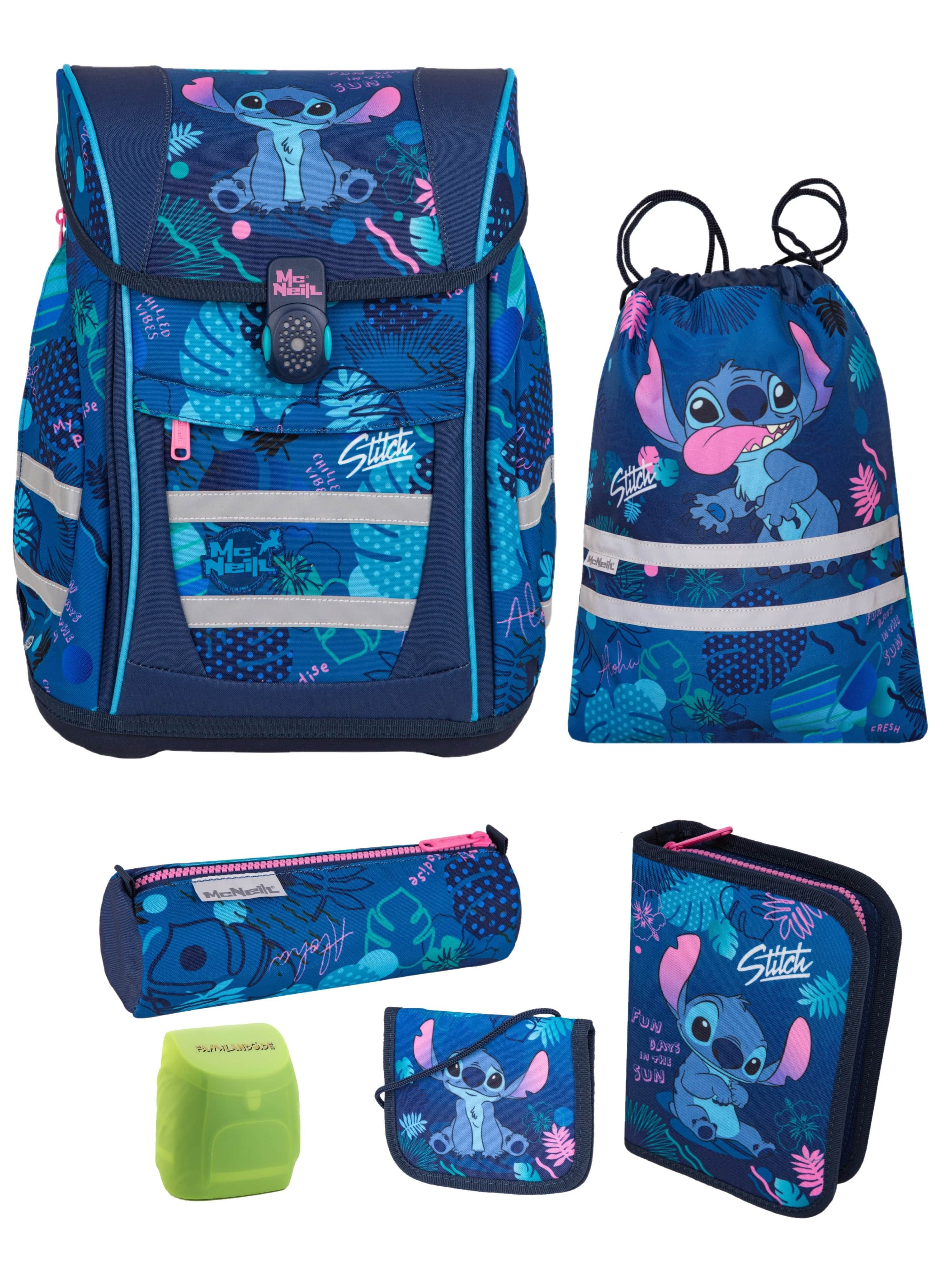 McNeill Schulranzen Disney Stitch Schulranzen ab der 1. Klasse, 18L Volumen, 980 Gramm (Set, 6-tlg., mit Regenschutz und gefüllter Federmappe), McNeill Teneris Sonder-Edition