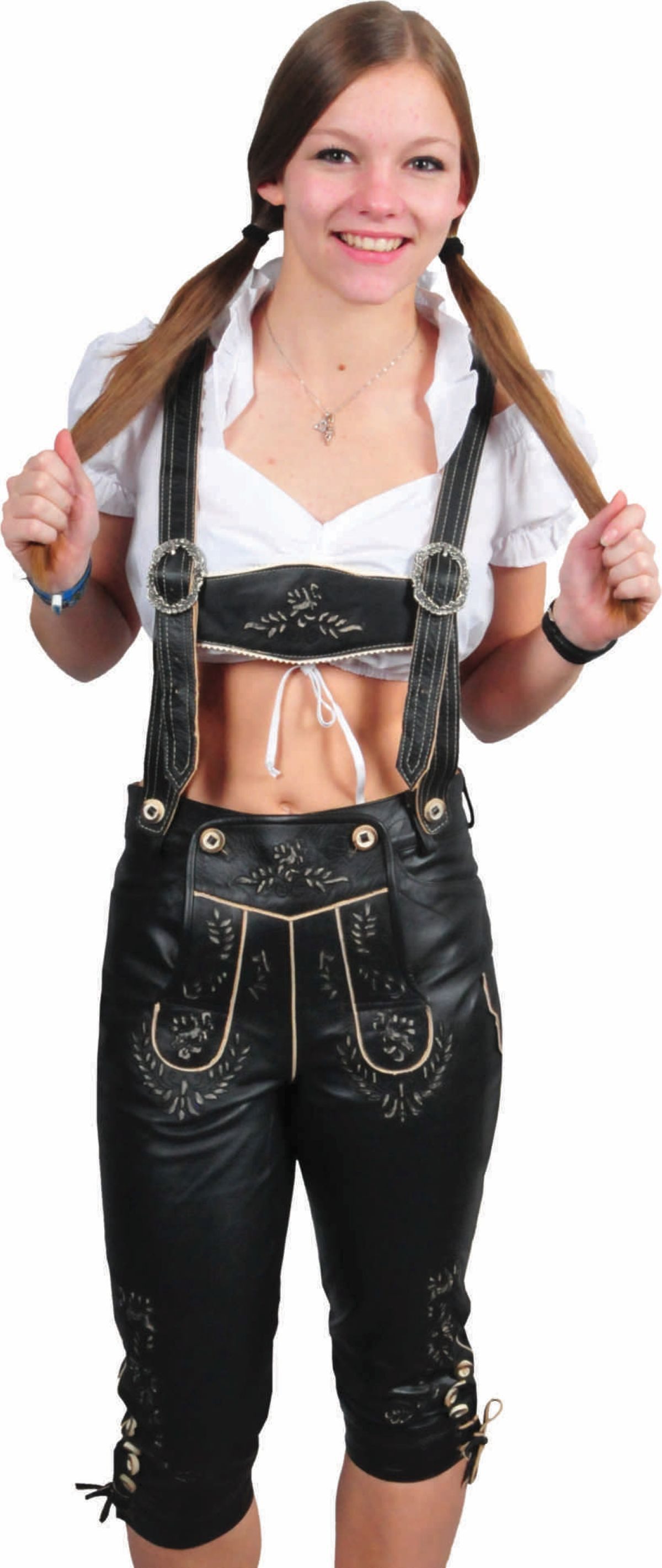 Fuente Leather Wears Trachtenlederhose Trachten Lederhose Mädchen Kniebund Träger Antik Schwarz Aufwendige, kontrastierende …