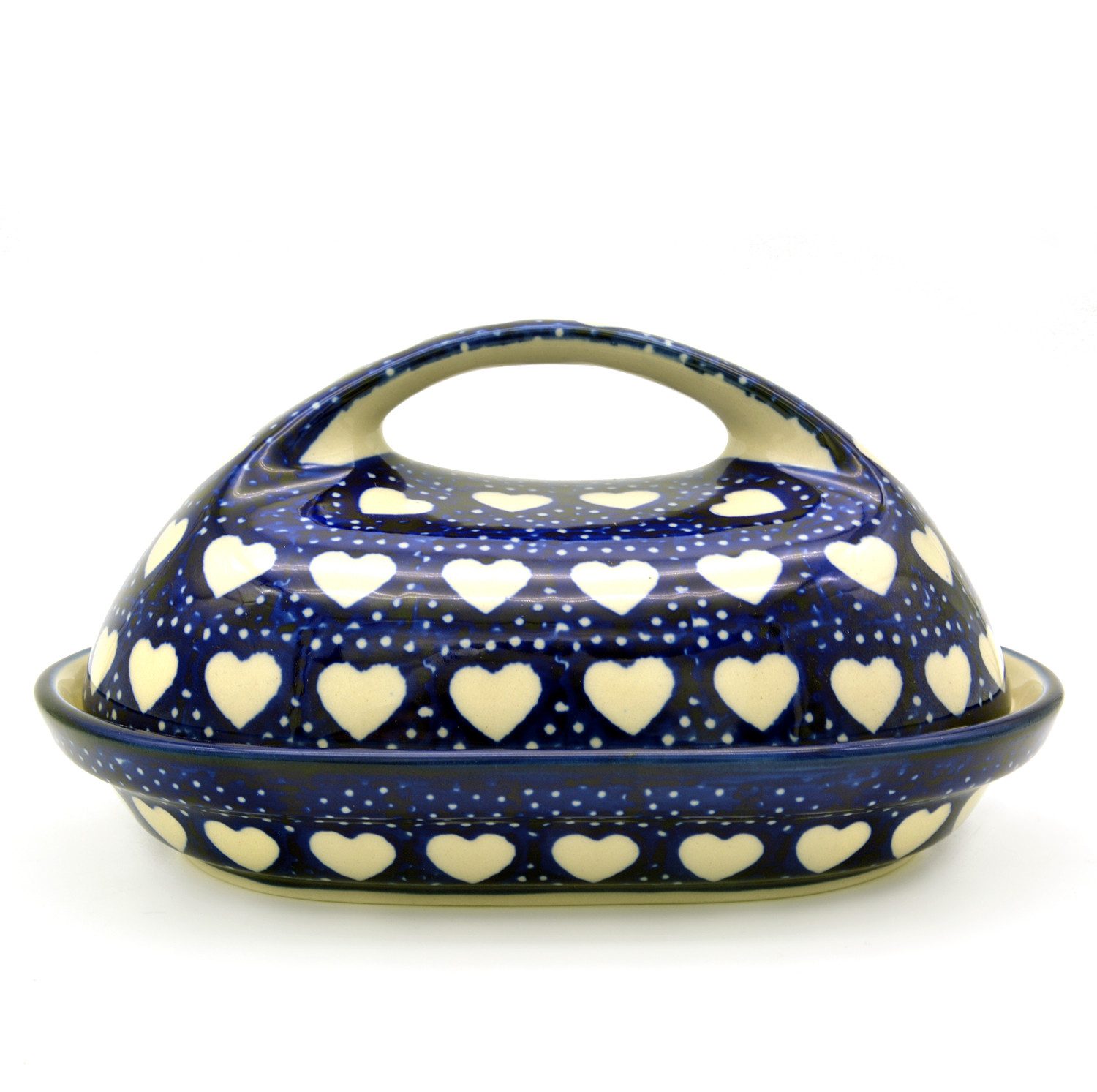 Bunzlauer Keramik Manufaktura Butterdose oval mit großem Griff, Unterteil und Deckel oval geformt, großer Griff.