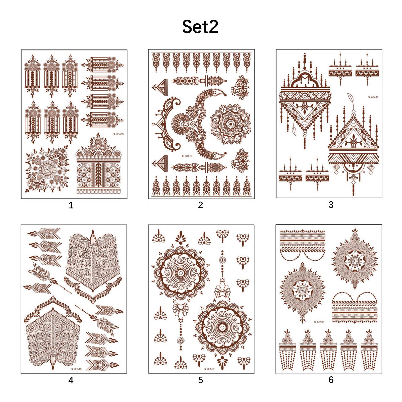 Jumpeak Schmuck-Tattoo Temporäre Tattoos,Henna Tattoo,Tattoos zum Aufkleben,Tattoo Aufkleber, 6-tlg., Temporary Tattoos,Braunrot,Spitze,Wasserfest,Für Erwachsene,6 Stück