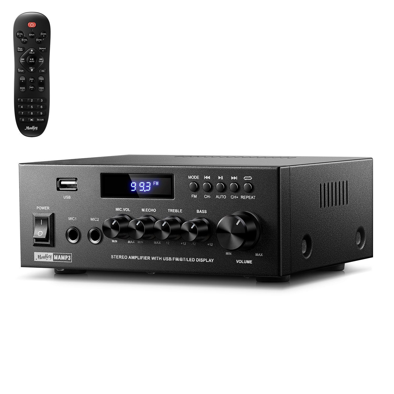 Moukey Audioverstärker 2-Kana Stereo Verstärker mit Bluetooth, FM Verstärker (Anzahl Kanäle: 2, 300 W, Upgraded Fernbedienung, Individuelle Klangregelung)