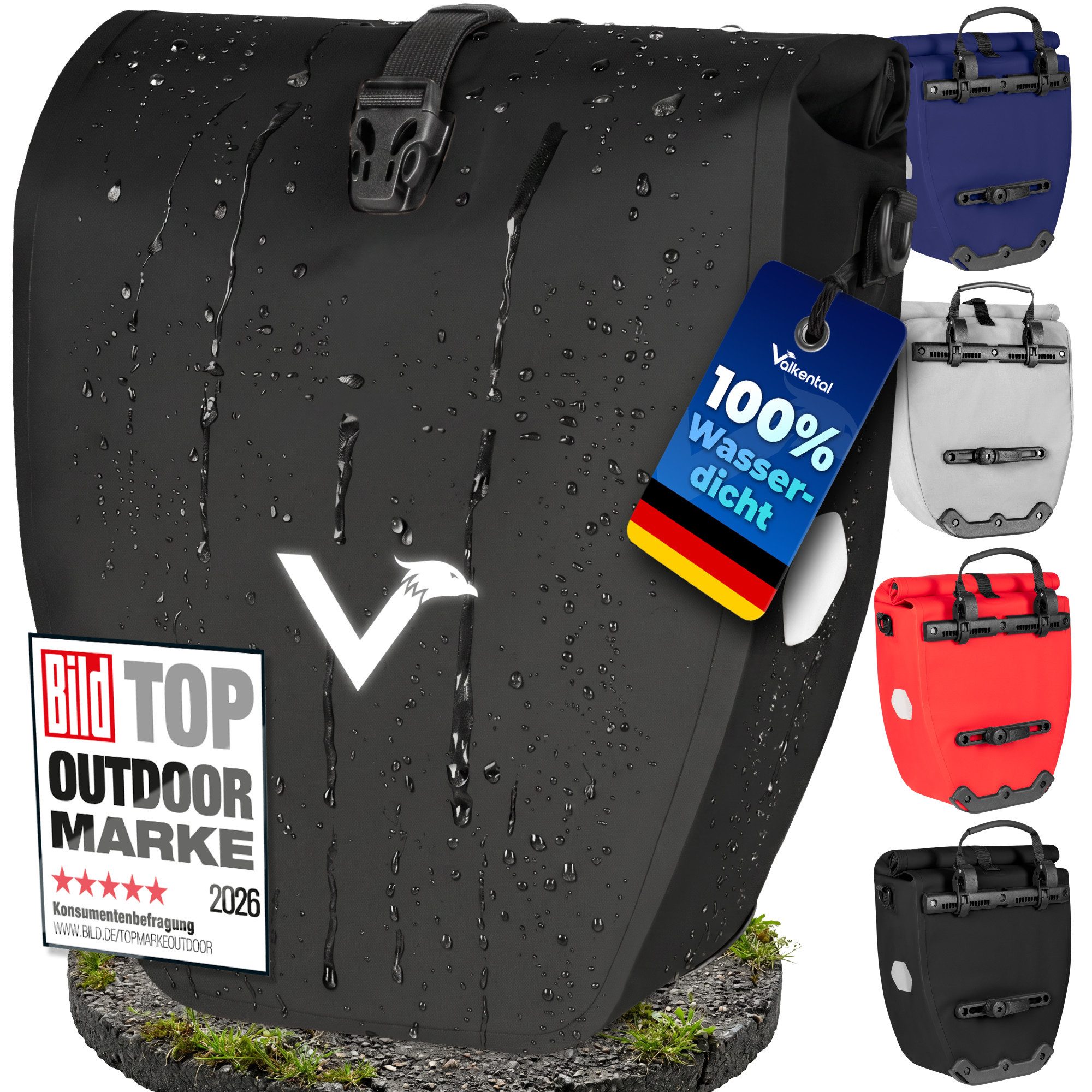 Valkental Fahrradtasche Gepäckträger wasserdicht & abschließbar, Gepäckträgertasche Fahrrad mit Großen Reflektoren 20L, 28L, 32L