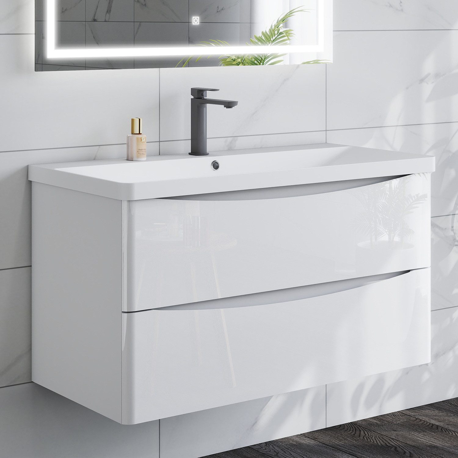 duschspa Waschtisch 50/60/80/100/120 cm Раковины mit Unterschrank (Smiley), Hochglanz Weiß/Dunklegrau