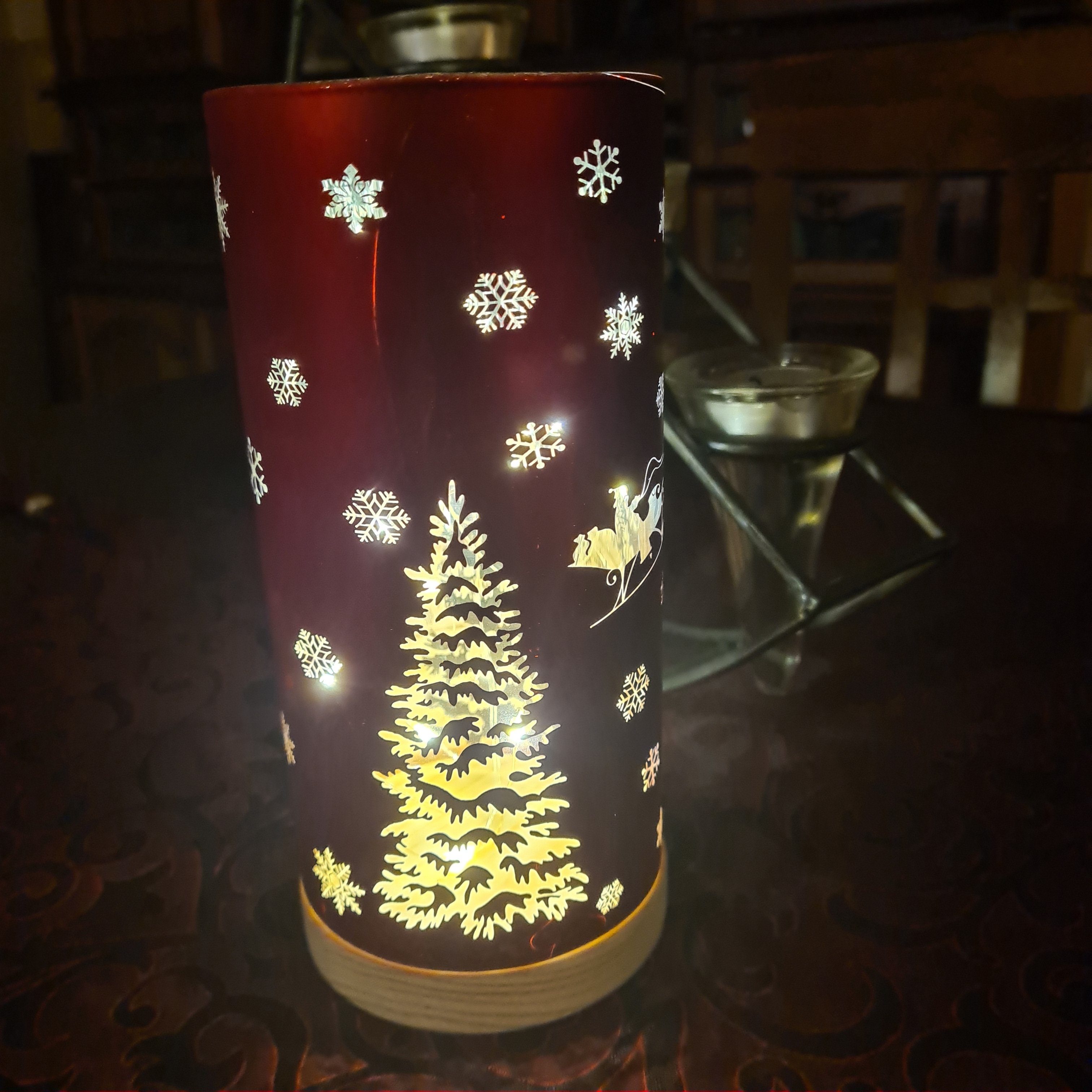 20x9cm SA302 15er Glas Timer "Weihnachtsmotiv" LED Tischleuchte rotes Windlicht STAR