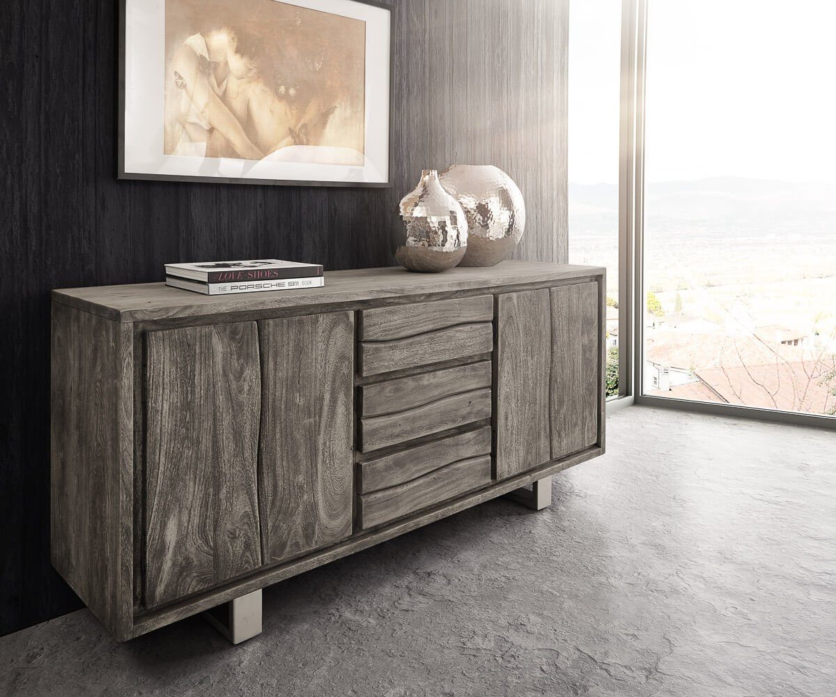 DELIFE Sideboard Live-Edge, Akazie Platin 172 cm 4 Türen 3 Schübe Baumkante Sideboard