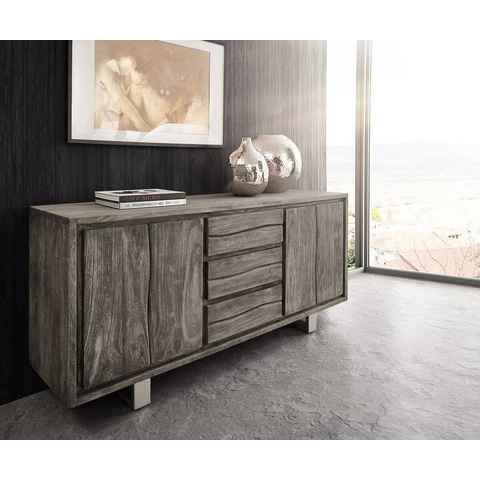 DELIFE Sideboard Live-Edge, Akazie Platin 172 cm 4 Türen 3 Schübe Baumkante Sideboard