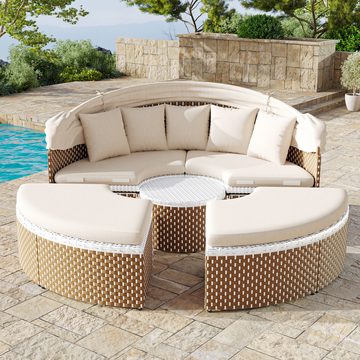 REDOM Gartenlounge-Set Sonneninsel, (Garten-Lounge-Sessel-Set, 2Sitzer mit ausziehbares Baldachin, 2Hocker, 1höhenverstellbarer Tisch), inklusive aller Kissen und Sitzkissen
