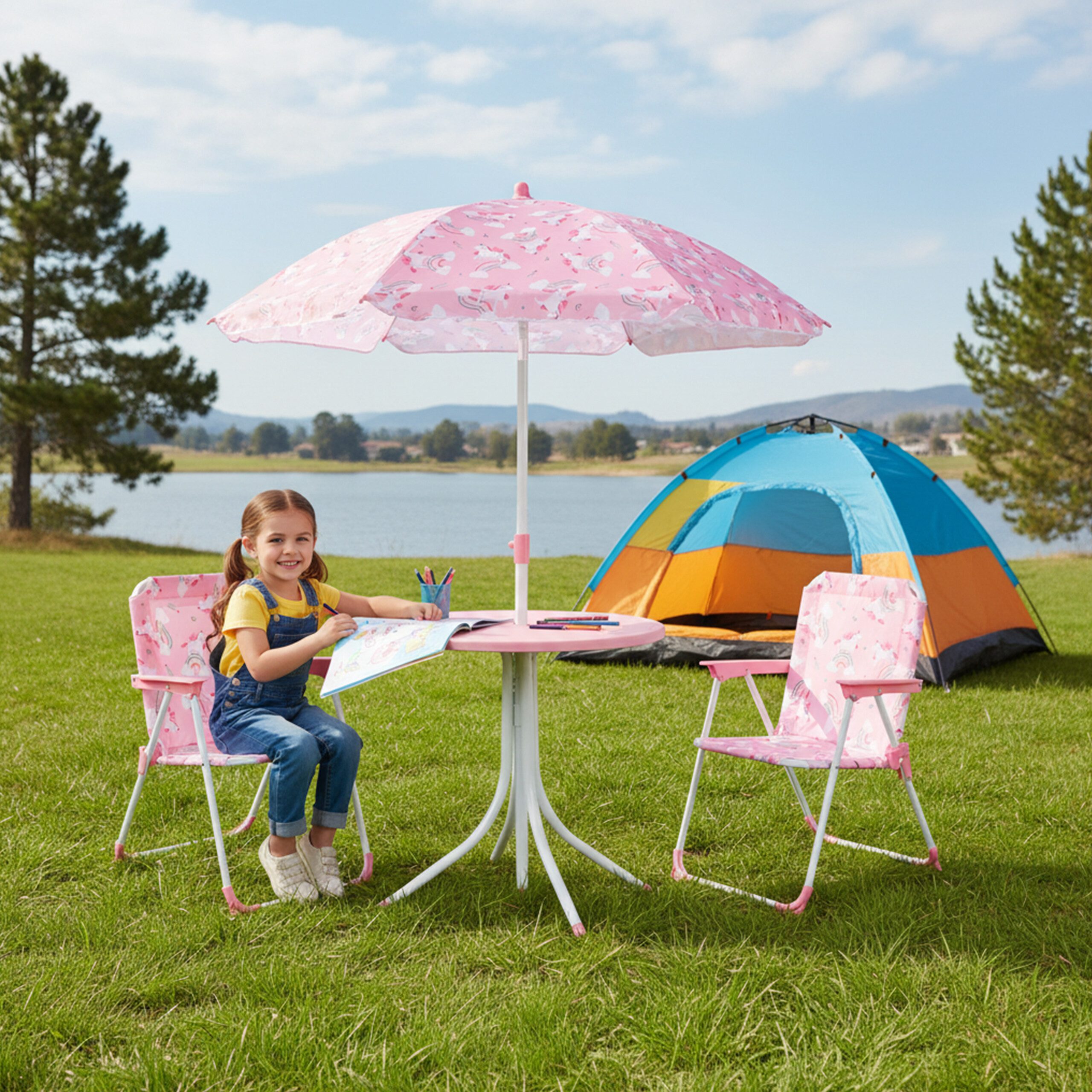 relaxdays Garten-Kindersitzgruppe Camping Kindersitzgruppe mit Schirm, Einhorn 2