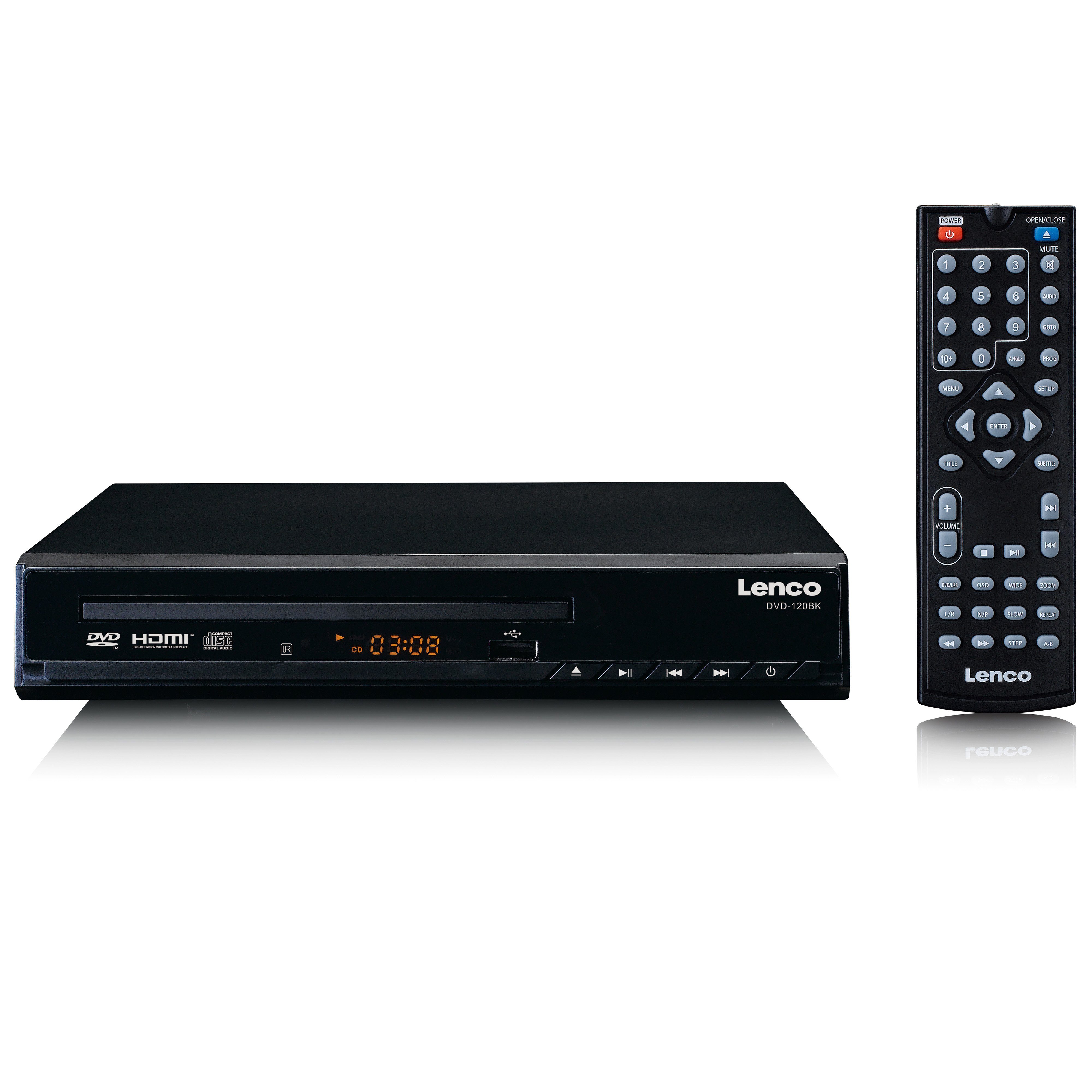 Lenco DVD-120BK Portabler DVD-Player (HD-Auflösung, HD-Qualität, HDMI, USB, inkl. Fernbedienung im elegantem Schwarz)