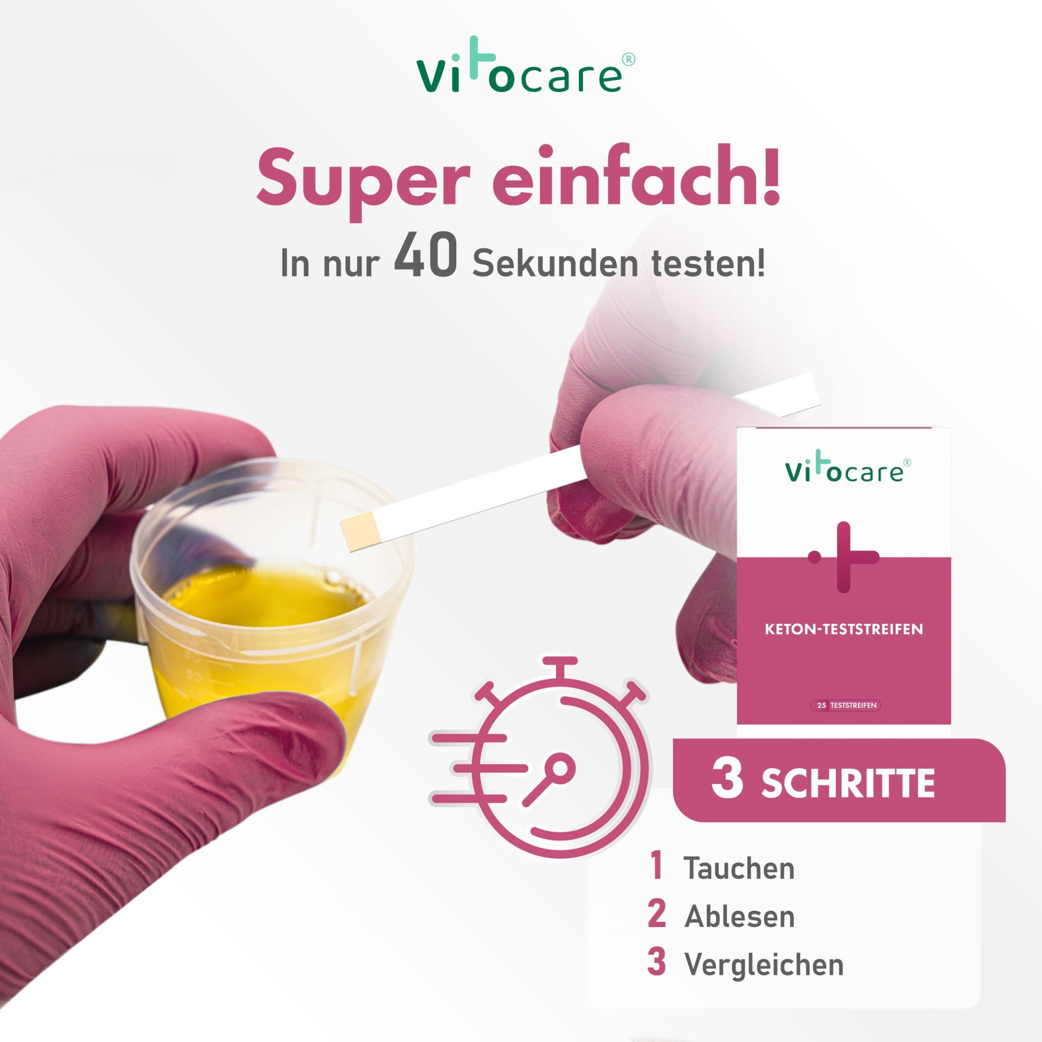 Vitocare Blutzuckermessgerät Keton & Keto Teststreifen, Ketose Selbsttest, 25/125 Stk., Keton Test