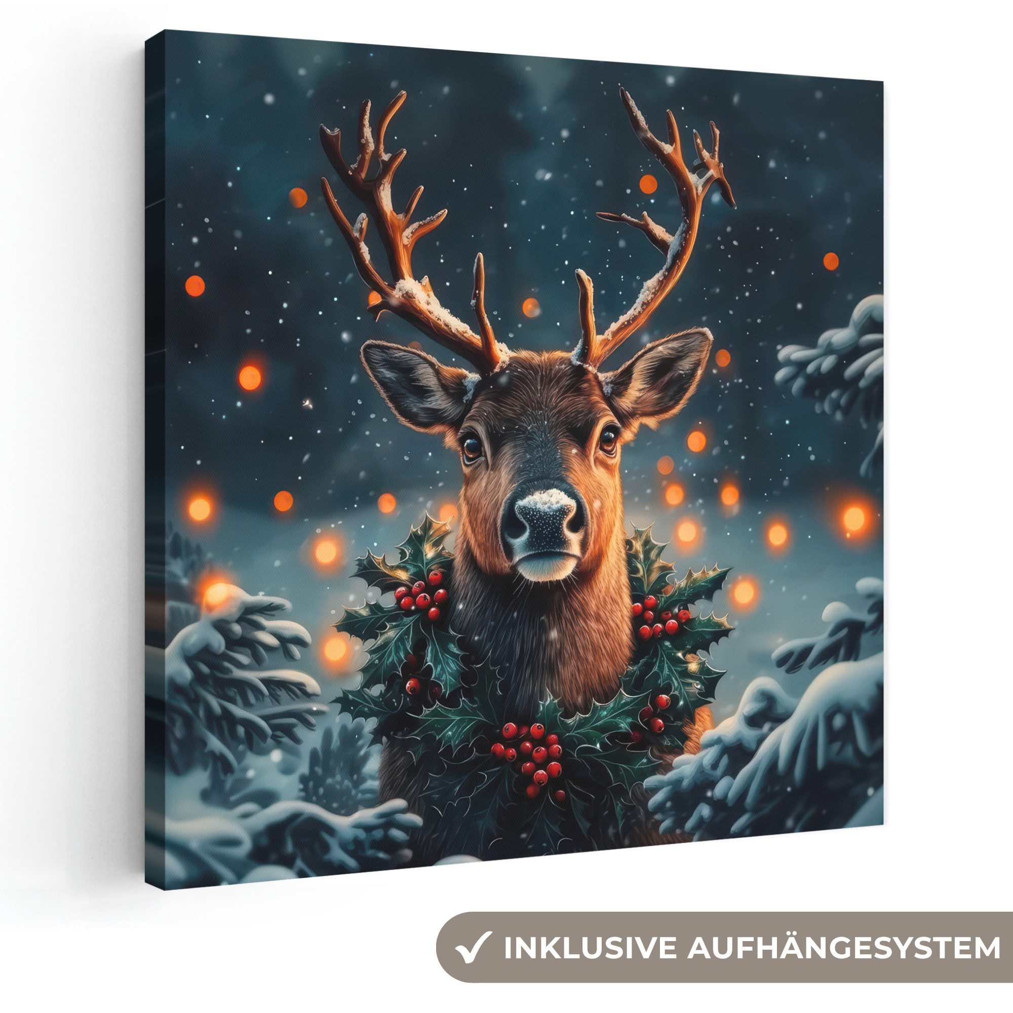 OneMillionCanvasses® Leinwandbild Hirsch - Weihnachten - Winter - Schnee - Weihnachtskranz, Fotodruck (1 St), Wandbild, Deko Schlafzimmer Wohnzimmer Flur 20x20 cm