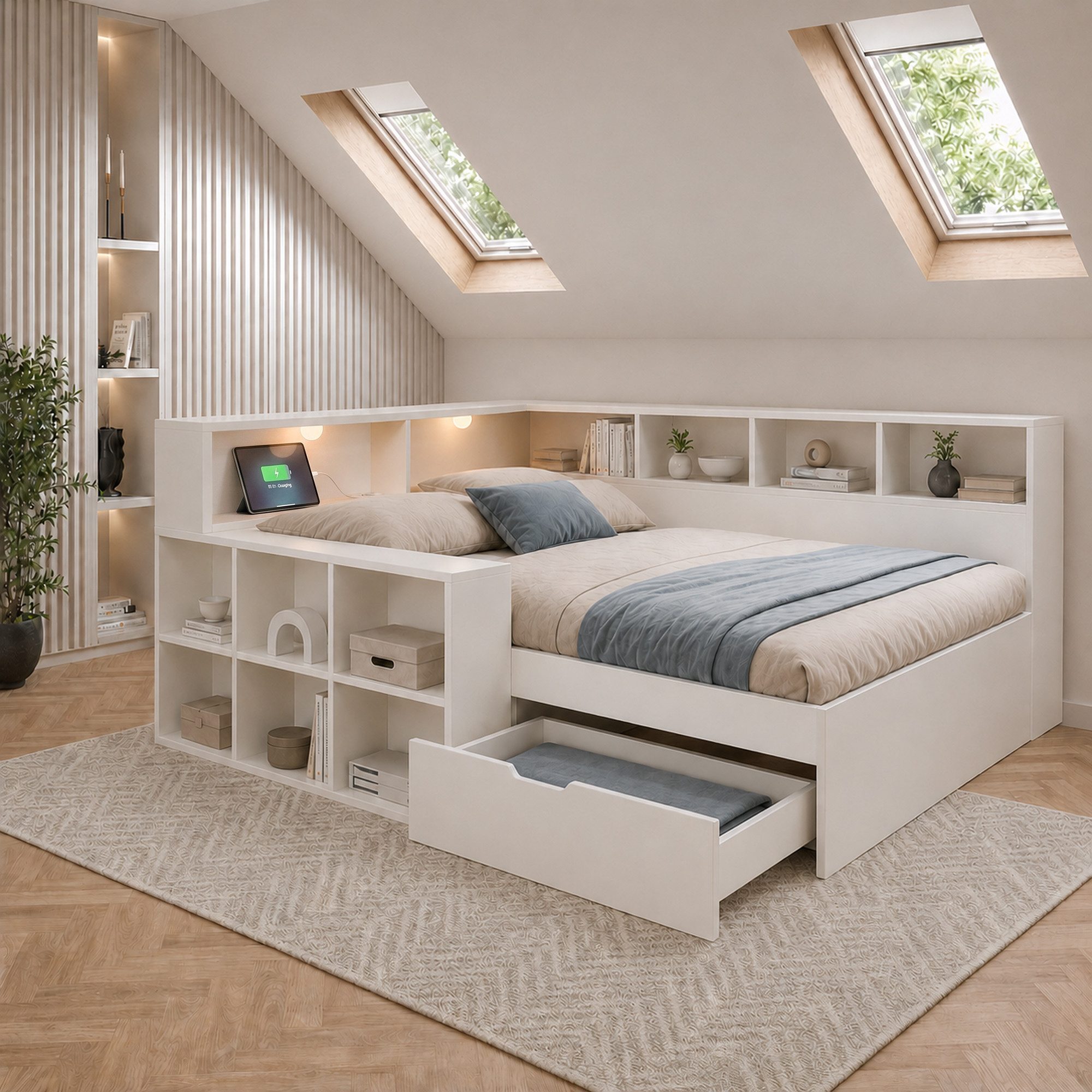 Flieks Holzbett, Kinderbett 90x200cm mit Stauraumregal, Schublade, Leselicht, Aufladen