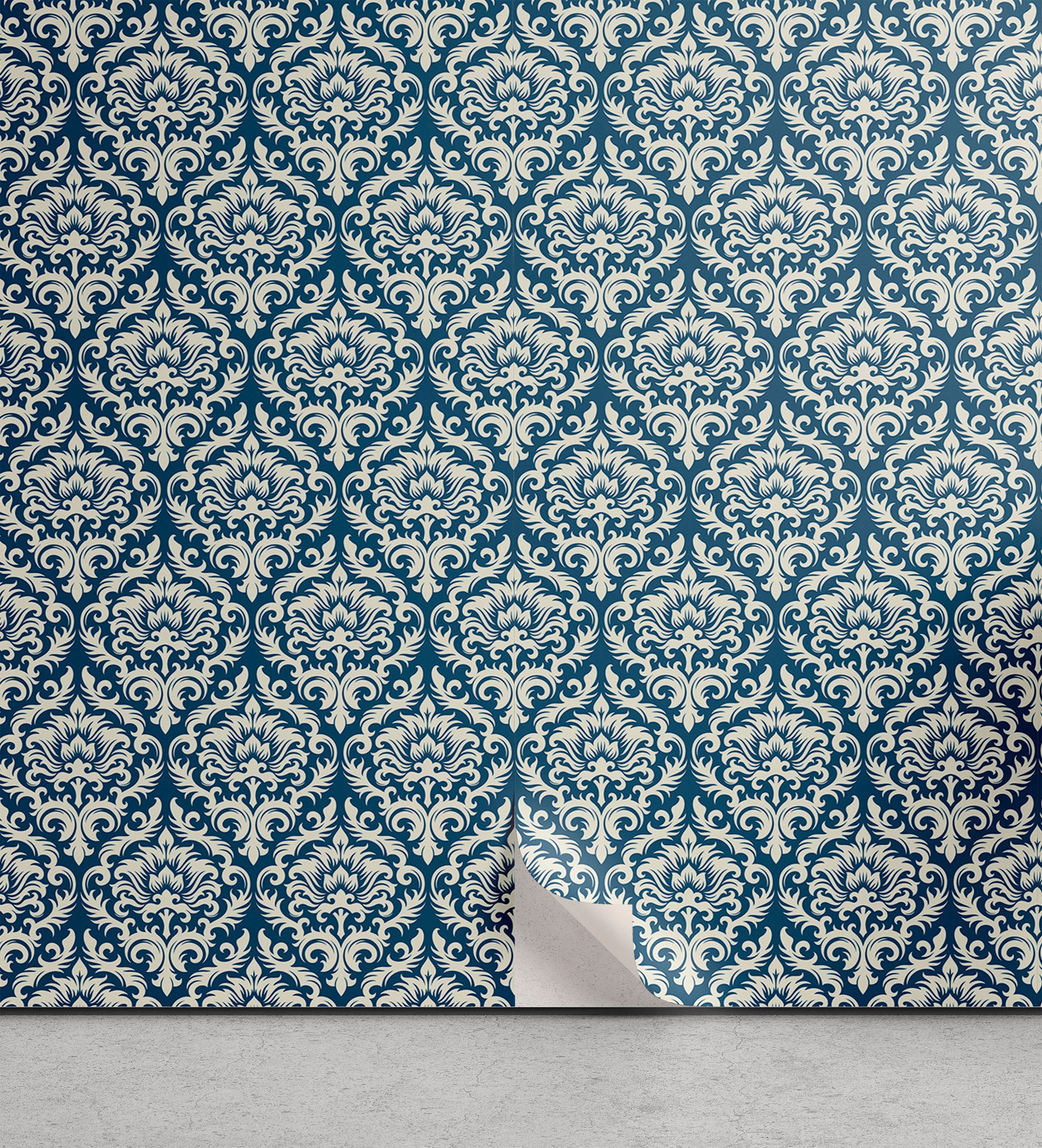 Abakuhaus Vinyltapete selbstklebendes Wohnzimmer Küchenakzent, Damast Blaues Blumenmuster | Vinyltapeten