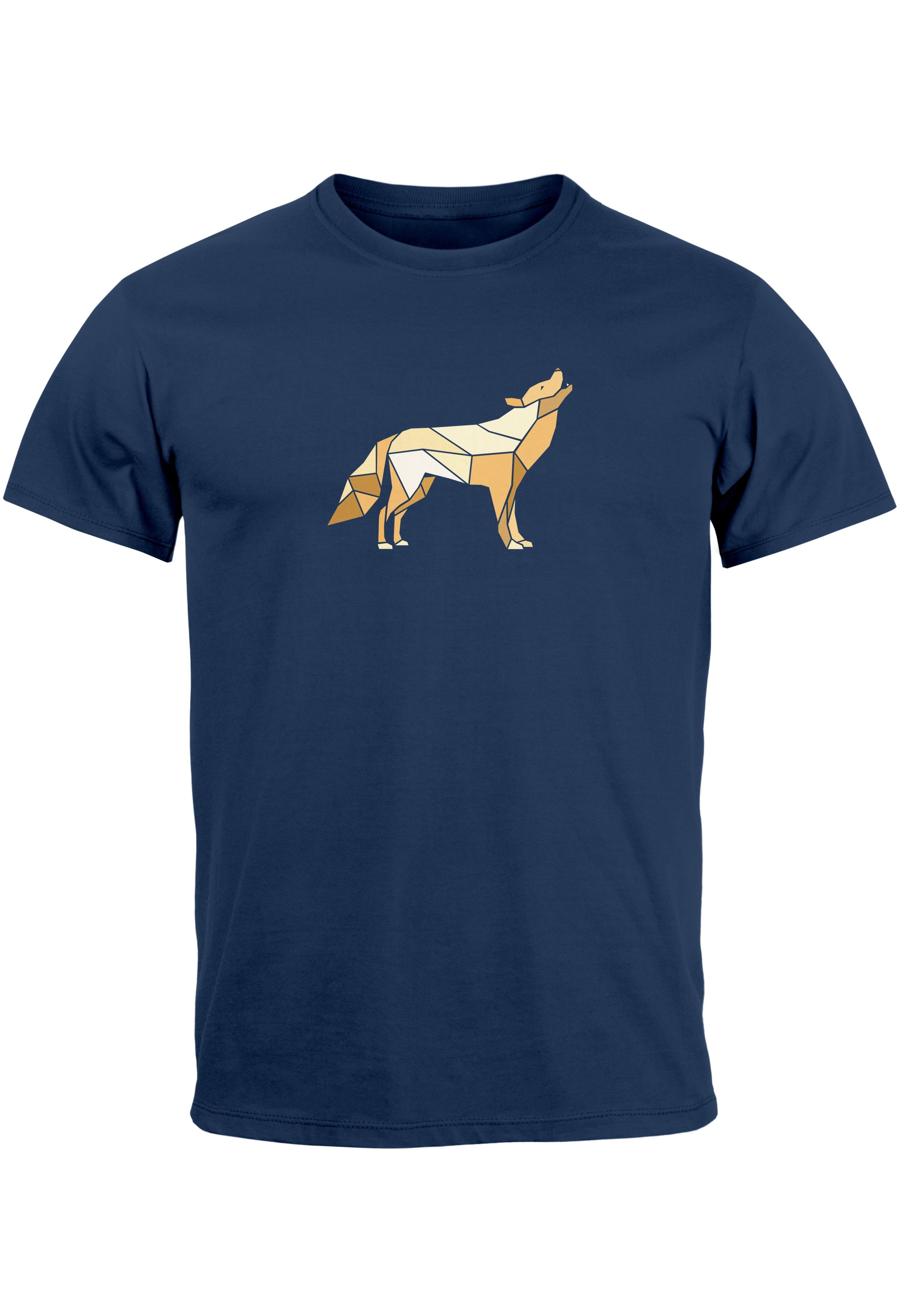 Neverless Print-Shirt Herren T-Shirt Bedruckt Polygon Grafik Wolf Outdoor Fashion Tiermotiv mit Print navy