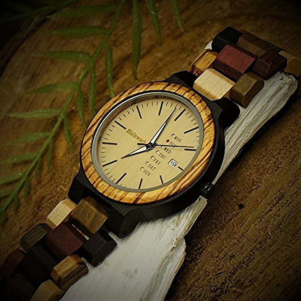 Armband Datum, Uhr & Holz Quarzuhr Damen beige Herren NORDENHAM braun, mit Holzwerk