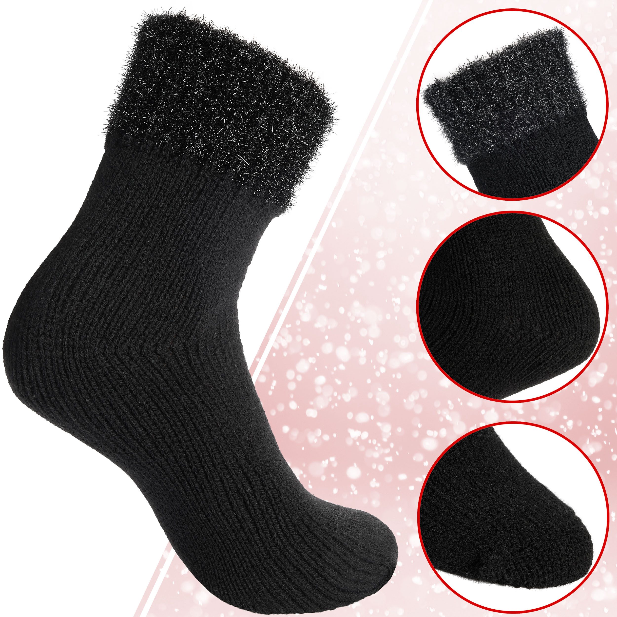 BRUBAKER Socken 2er Pack Warme Damensocken - flauschige Weihnachtssocken - Bequem (2-Paar, Frauen Socken Weihnachten) Damen Bettsocken Kuschelsocken - Wintersocken mit Glitzer Bund