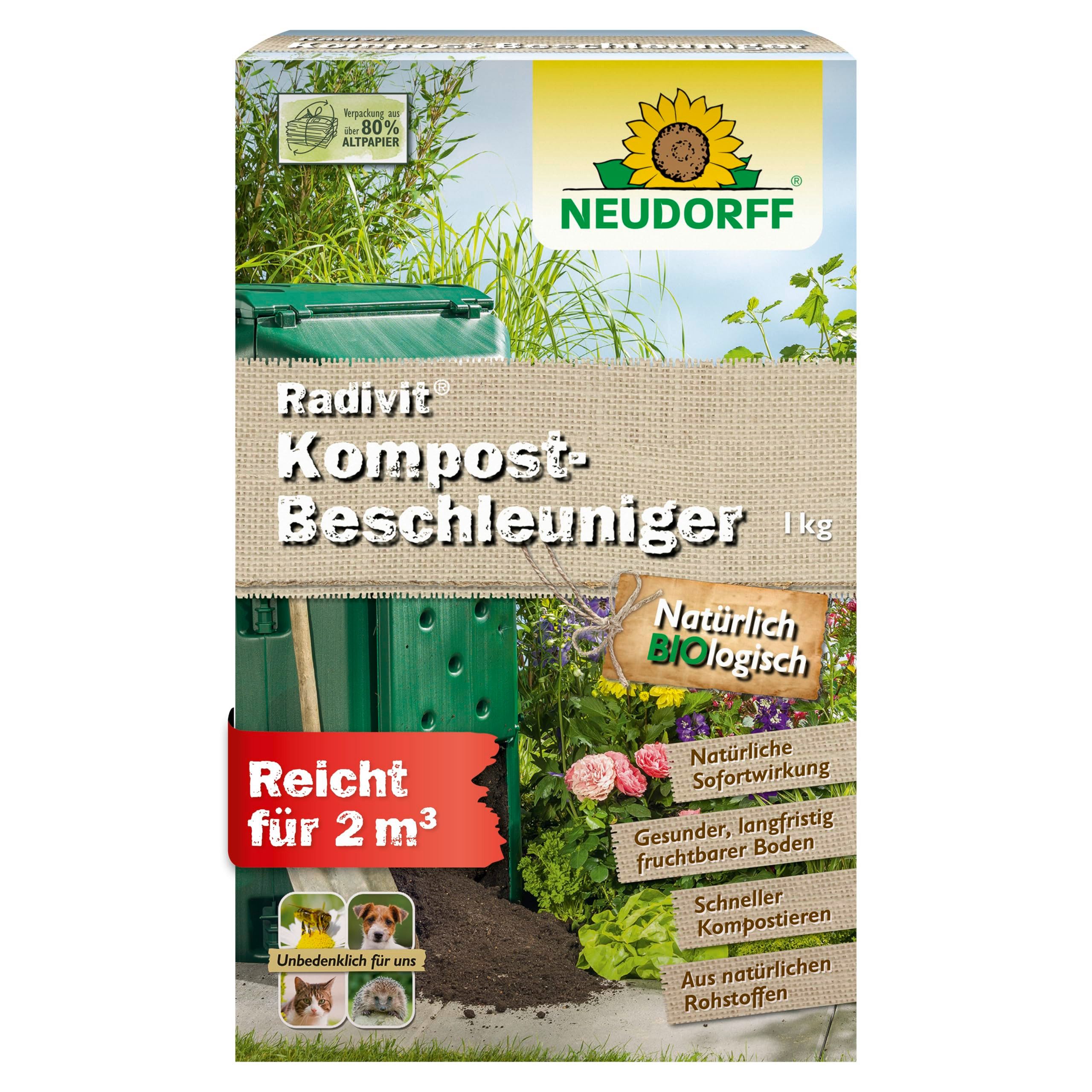 Neudorff Kompostbeschleuniger Radivit Kompost-Beschleuniger 1 kg für 2 m³, mit organisch, (Bio Schnellkomposter zersetzt Kompostabfälle, Kompoststarter mit Sofort- & Langzeitwirkung), unbedenklich für Hund, Katze Igel und Bienen