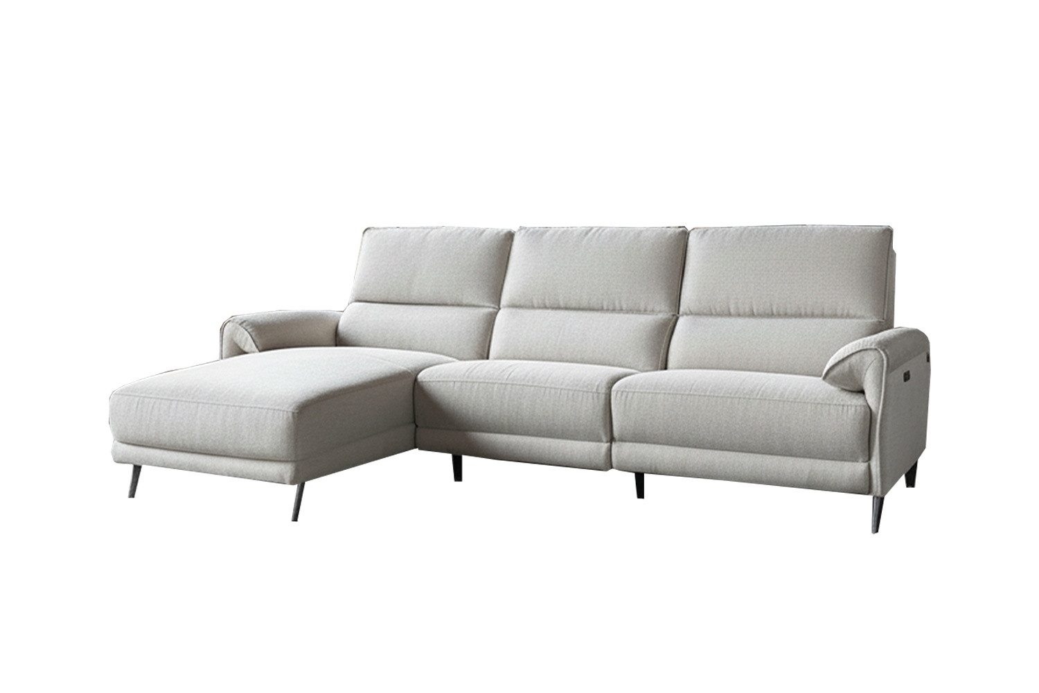 KAWOLA Ecksofa ADRIANA mit Longchair – Entspannung pur – Relaxsofa, Elektrische Liegefunktion, Flachgewebe hellgrau, Wohnzimmercouch