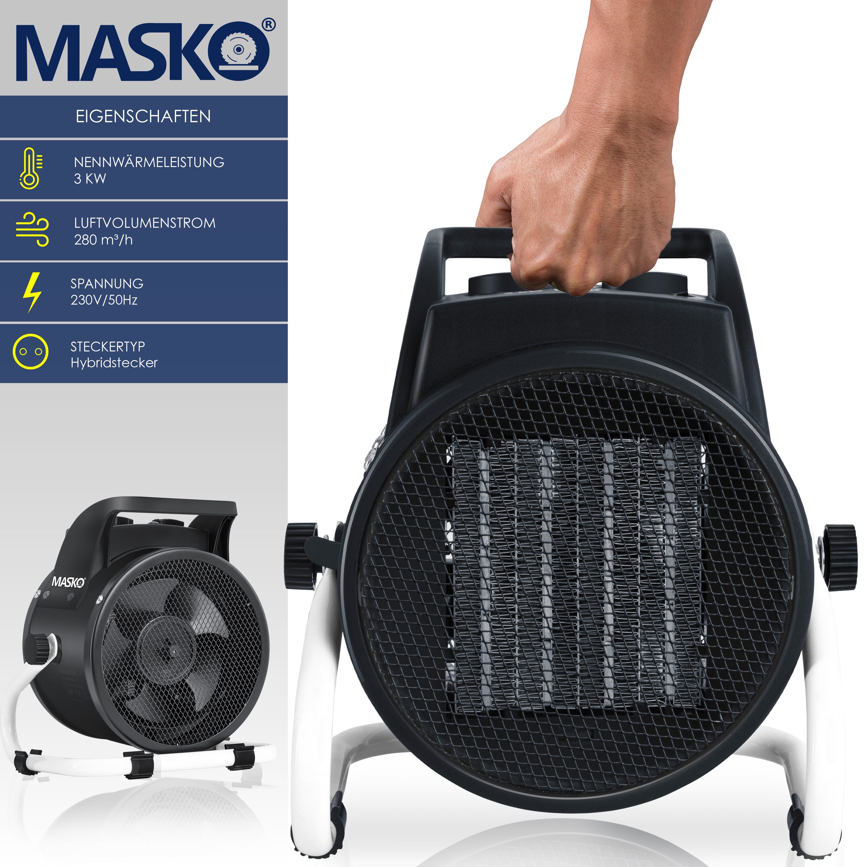 MASKO Heizlüfter, 3000 W, Elektroheizer Heizlüfter Bauheizer Keramik Heizstrahler