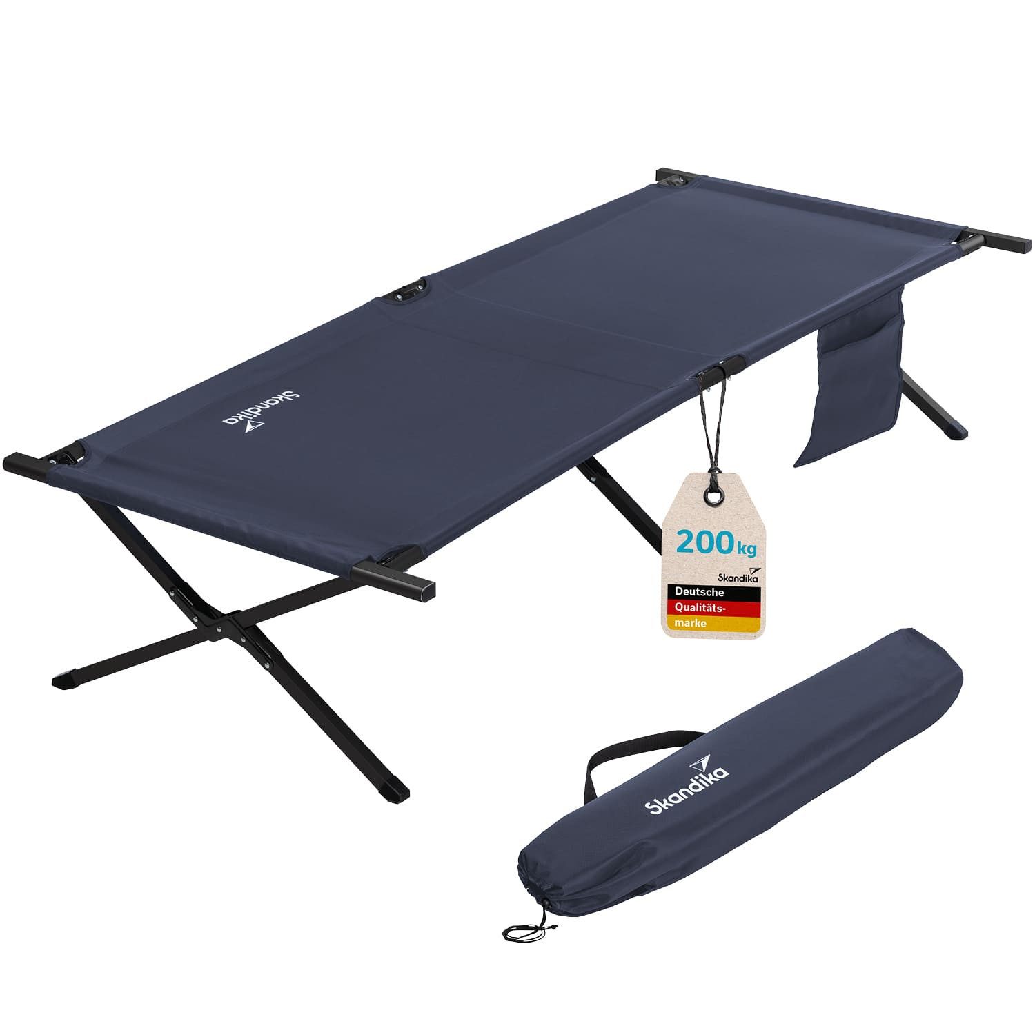 Skandika Feldbett Mutenia, Klappbare Campingbett, Sonnenliege, Campingliege (Spanngurte, 3 Stück zur Spannung der Liegefläche, Organizer-Tasche) Organizer-Tasche, max.200kg, 210 x 75cm, Anti-Rutsch-Füße, Tragetasche