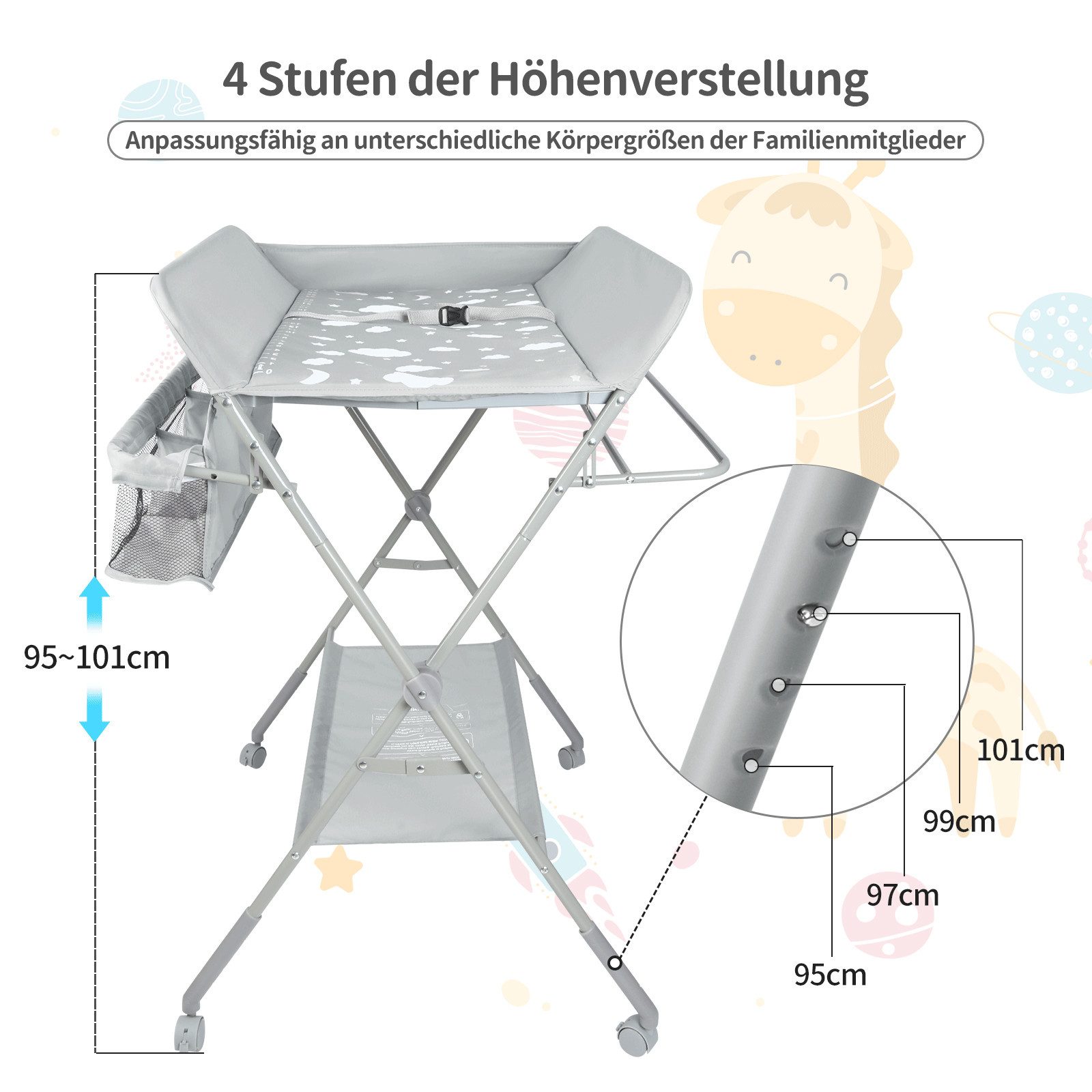 JEOBEST Wickeltisch Mobiler Wickelkommode Klappbar( Neues Upgrade! ) Weich, Wasserdicht und Höhenverstellbar,mit Sicherheitsgurt und Ablagefächern – Bild 3 von 5