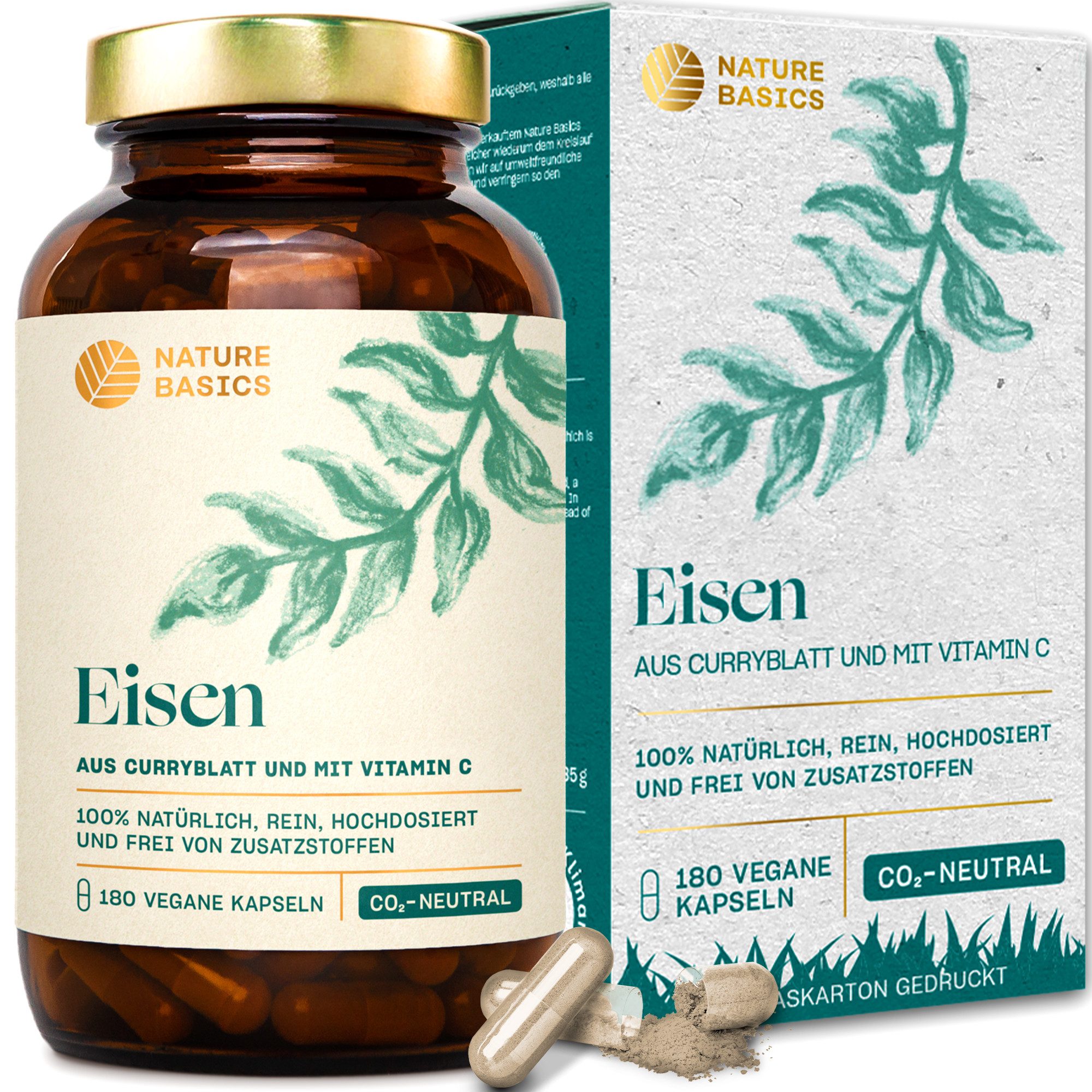 Nature Basics Natürliches Eisen mit Vitamin C Vegan im Braunglas 180 Kapseln, 180 St., 135 g