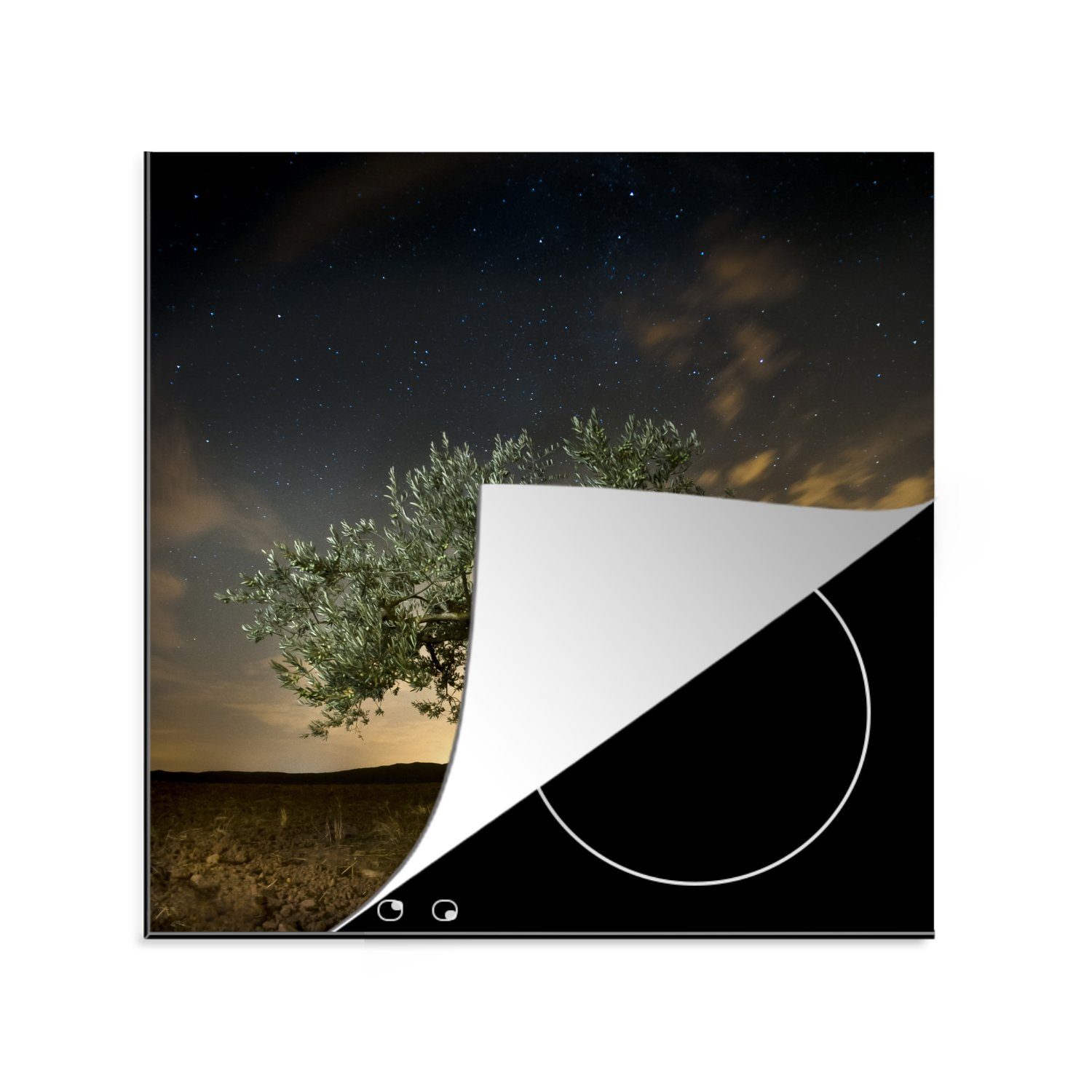 küche 78x78 beeindruckenden Ein Himmel, für einem Herdblende-/Abdeckplatte tlg), Ceranfeldabdeckung, MuchoWow cm, unter Vinyl, Arbeitsplatte (1 Olivenbaum