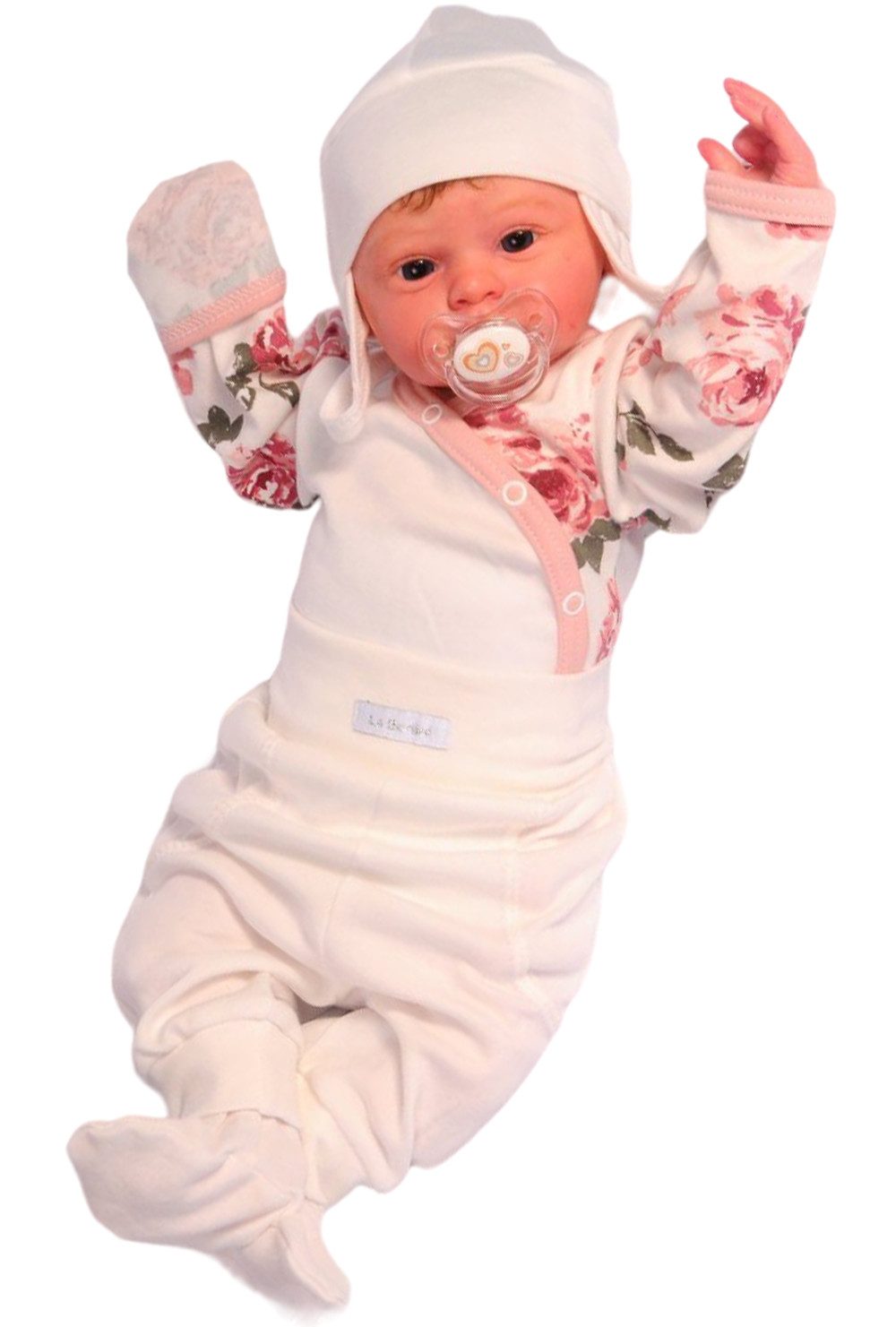 Body & Hose Wickelbody mit Kratzschutz Hose und Mütze Baby Anzug in Creme