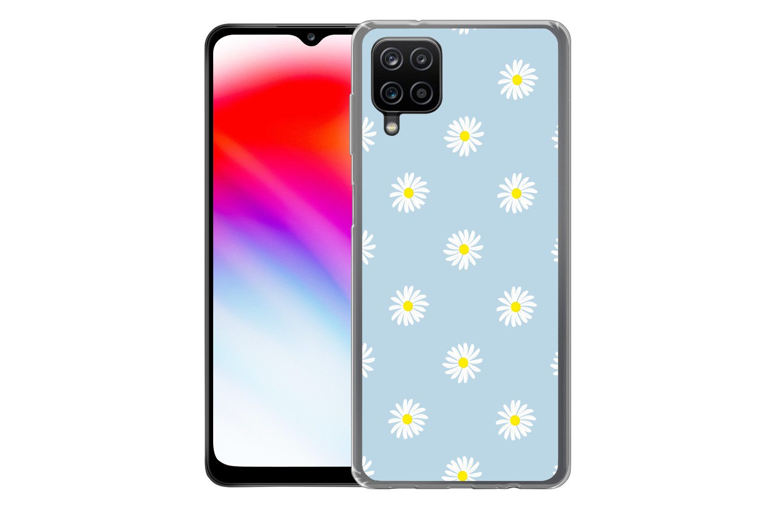 MuchoWow Handyhülle für Samsung Galaxy A12 Gänseblümchen - Pastell - Weiß - Blau - Blumen, Smartphone-Bumper, Print, Handy Schutzhülle Dünn