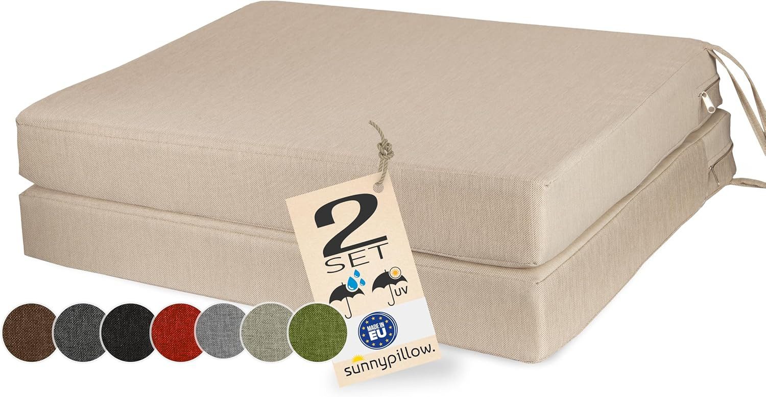 sunnypillow Stuhlkissen 2er Set Stuhlkissen mit Bändern "HAVANA" viele Farben zur Auswahl, Ecru