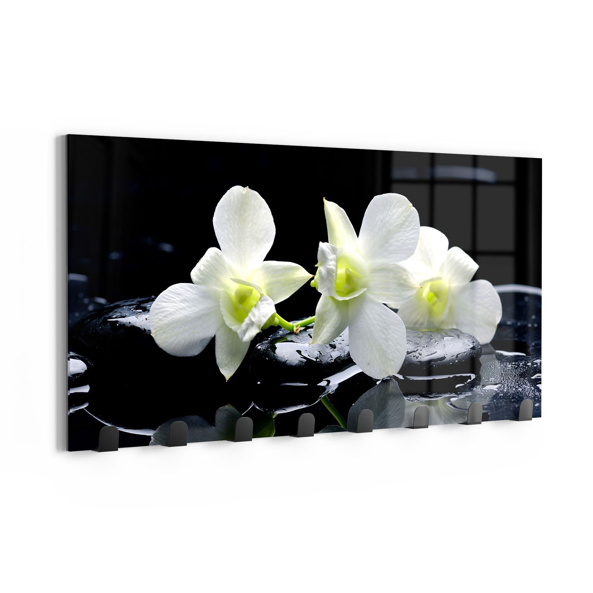 DEQORI Kleiderhaken 'Orchidee mit Zen-Steinen', Glas Garderobe Paneel magnetisch beschreibbar
