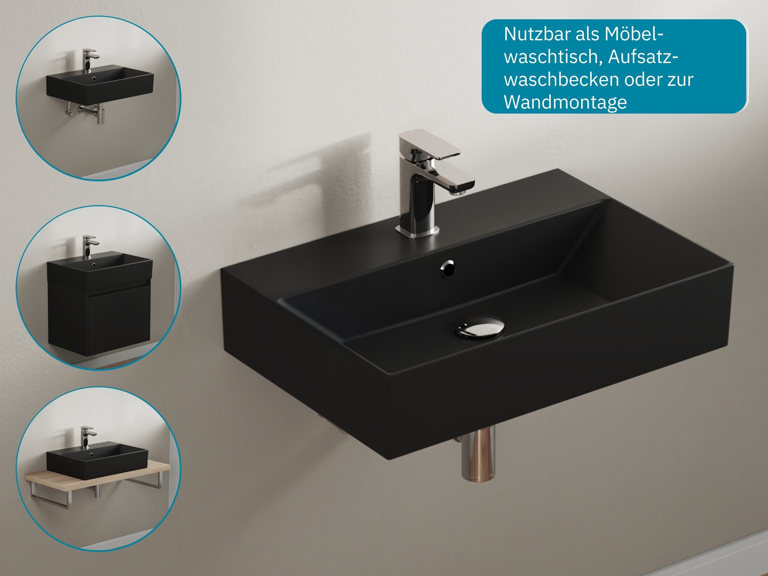 Aqua Bagno Aufsatzwaschbecken Waschbecken schwarz matt 60cm eckig Wandmontage Waschtisch (Packung)
