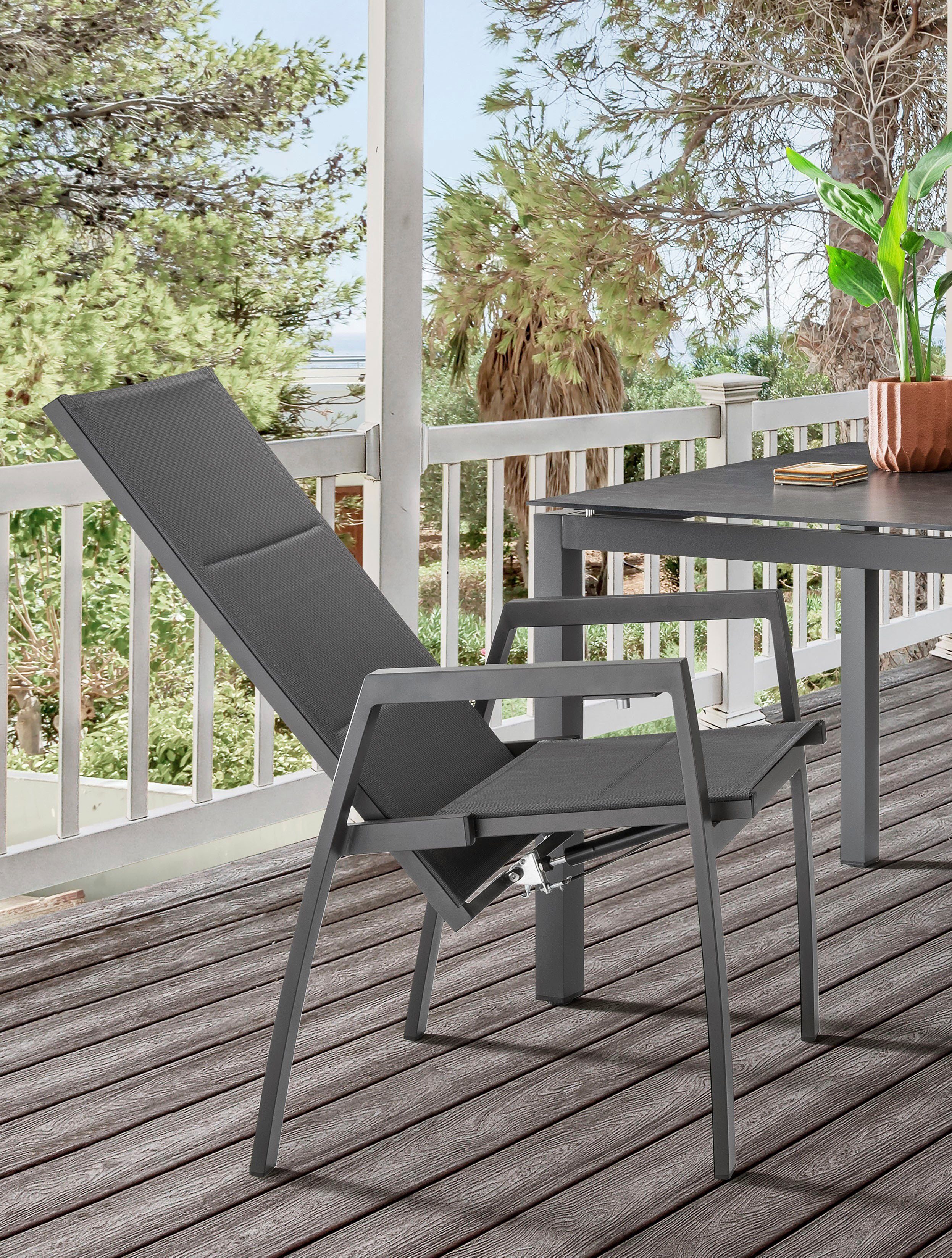 Destiny Garten-Essgruppe COSTA HL CREMONA 4 HL + Tisch 160x90cm, anthrazit, (Set, 5-tlg., 4 Hochlehner stufenlos verstellbar, inkl. Auflagen, 1 Tisch), Aluminium, Textilene, Tischplatte: Glas mit Keramiküberzug