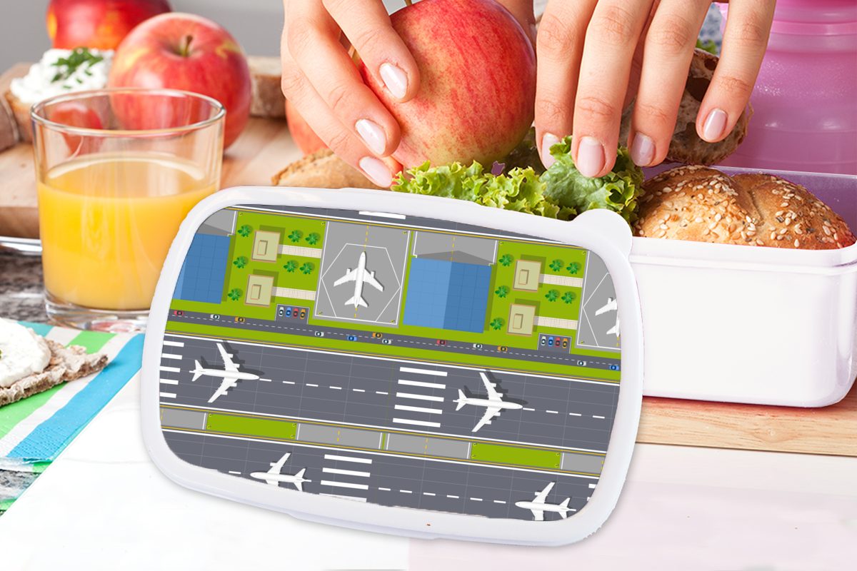 MuchoWow Lunchbox Design - Flughafen Erwachsene, Kunststoff, Brotbox für Flugzeug, und - Kinder (2-tlg), Brotdose, Jungs weiß und für Mädchen