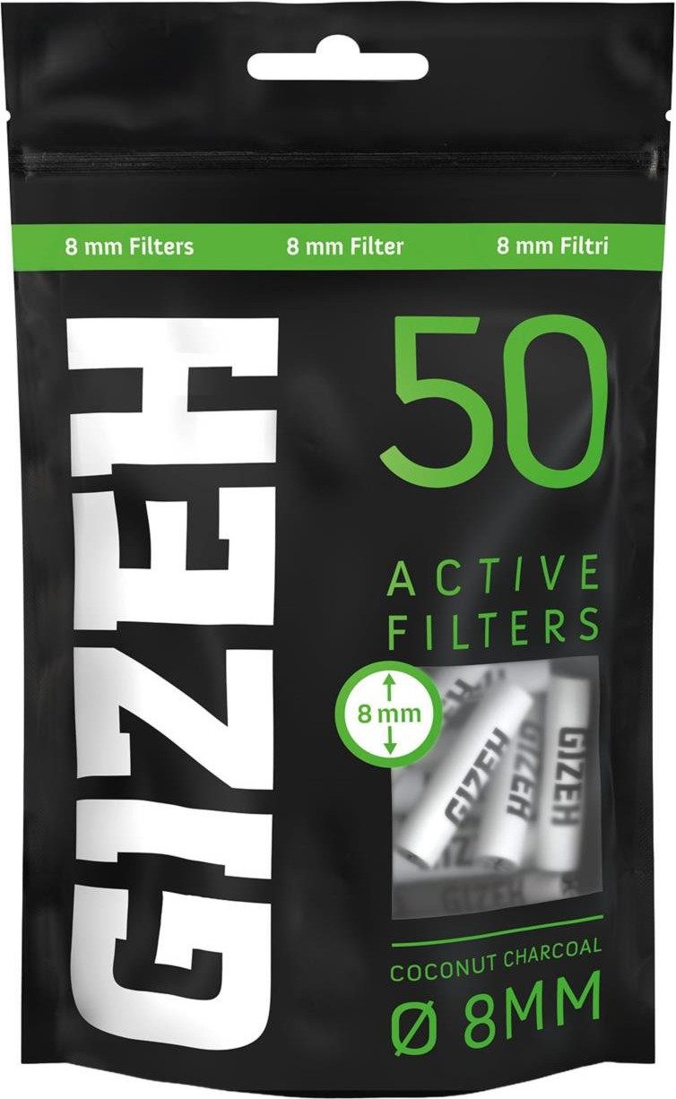Gizeh Aktivkohlefilter Active Filter Black 8mm, 50 Stück inkl. Transporthülle für unterwegs, Dreherfilter 8mm im Beutel
