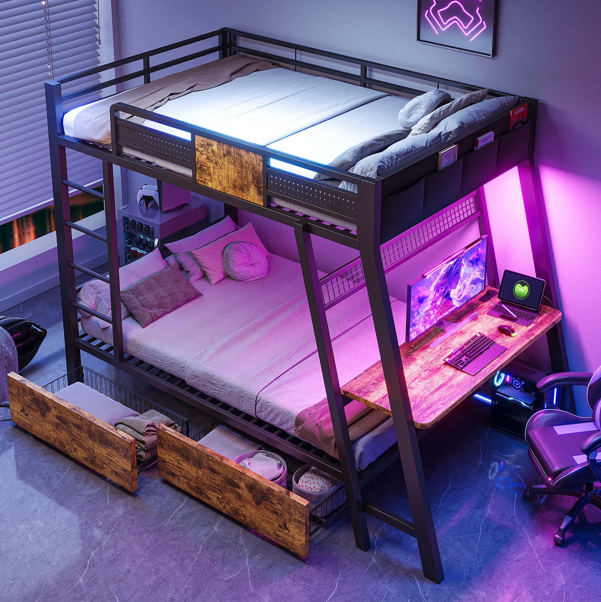 MODFU Etagenbett Eisenbett mit Schreibtisch für Gaming, LED-Lichtband, Steckdosen (90x200 cm, mit USB-Anschlüssen und zusätzlichem Stauraum, Kinderbett), Jugendbett, ohne Matratze