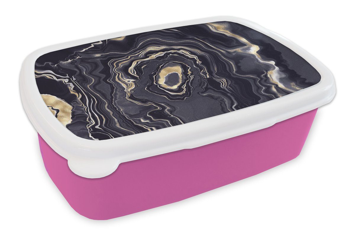 MuchoWow Lunchbox Marmor - Geode - Achat - Gold, Kunststoff, (2-tlg), Brotbox für Erwachsene, Brotdose Kinder, Snackbox, Mädchen, Kunststoff rosa