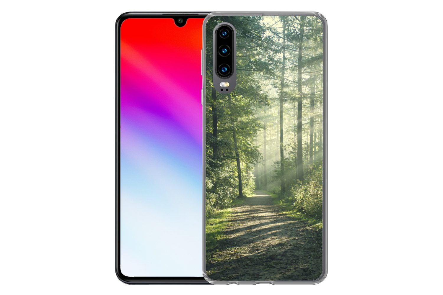 MuchoWow Handyhülle für Huawei P30 Wald - Weg - Sonne - Bäume - Grün - Natur, Handy Case, Silikon, Bumper Case Dünn