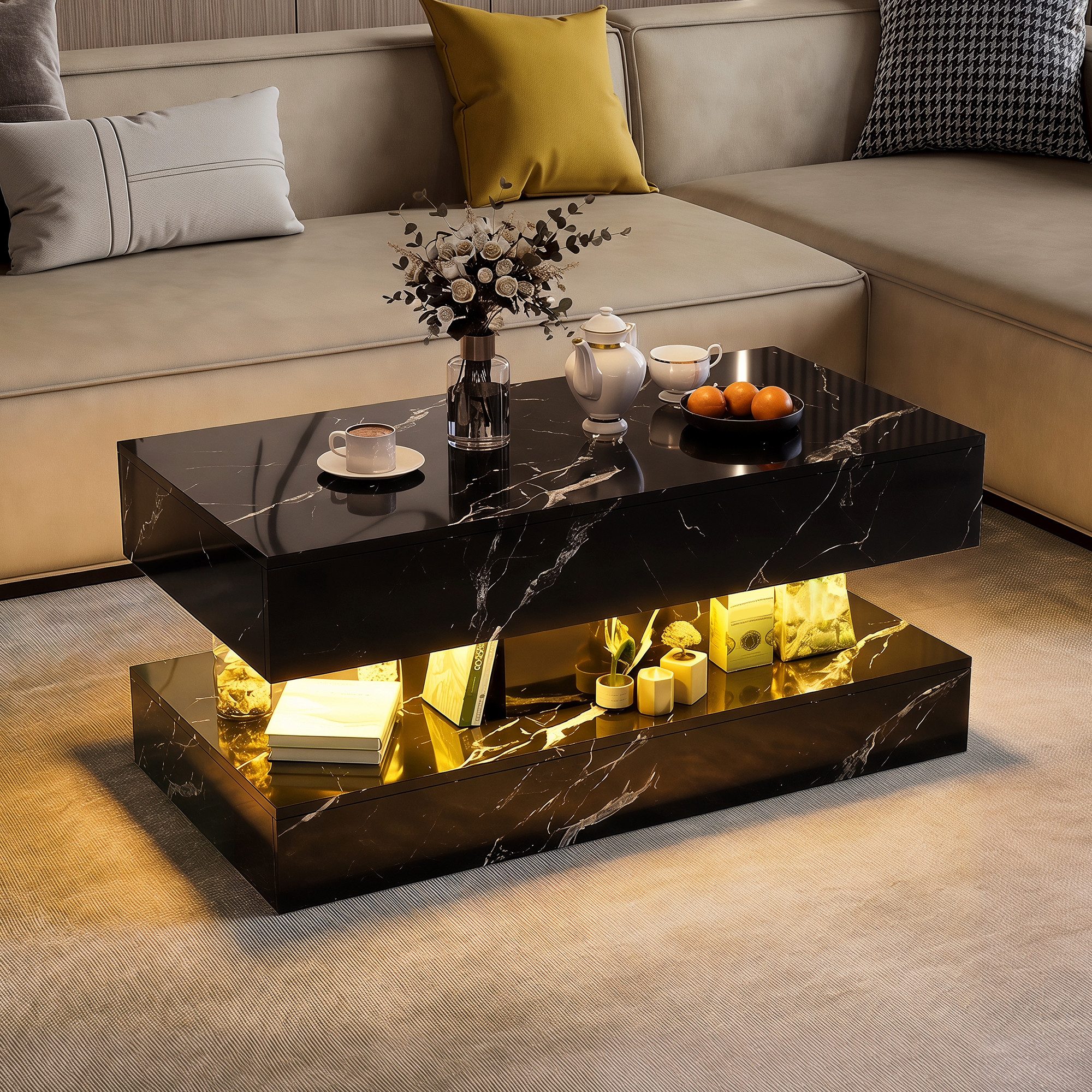 BELUPAI Couchtisch Wohnzimmertisch Hochglanz Tischplatte in Marmoroptik mit LED (Beistelltisch mit LED-Beleuchtung, Kaffeetisch mit 2 versteckten Schubladen), Sofatisch für Wohnzimmer, Schlafzimmer, Büro, Schwarz