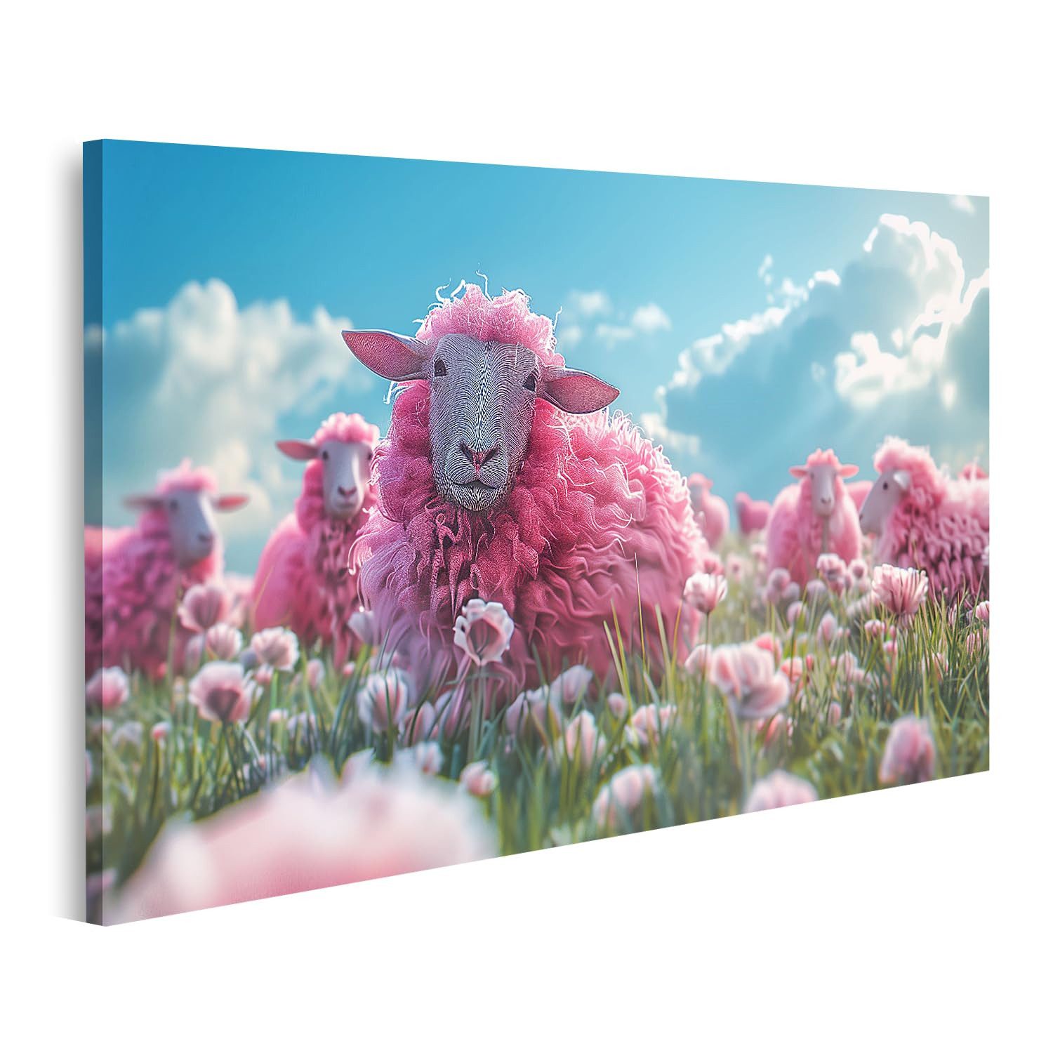 islandburner Leinwandbild Rosa Schafe im blühenden Frühlingsfeld für Schlafzimmer Kinder