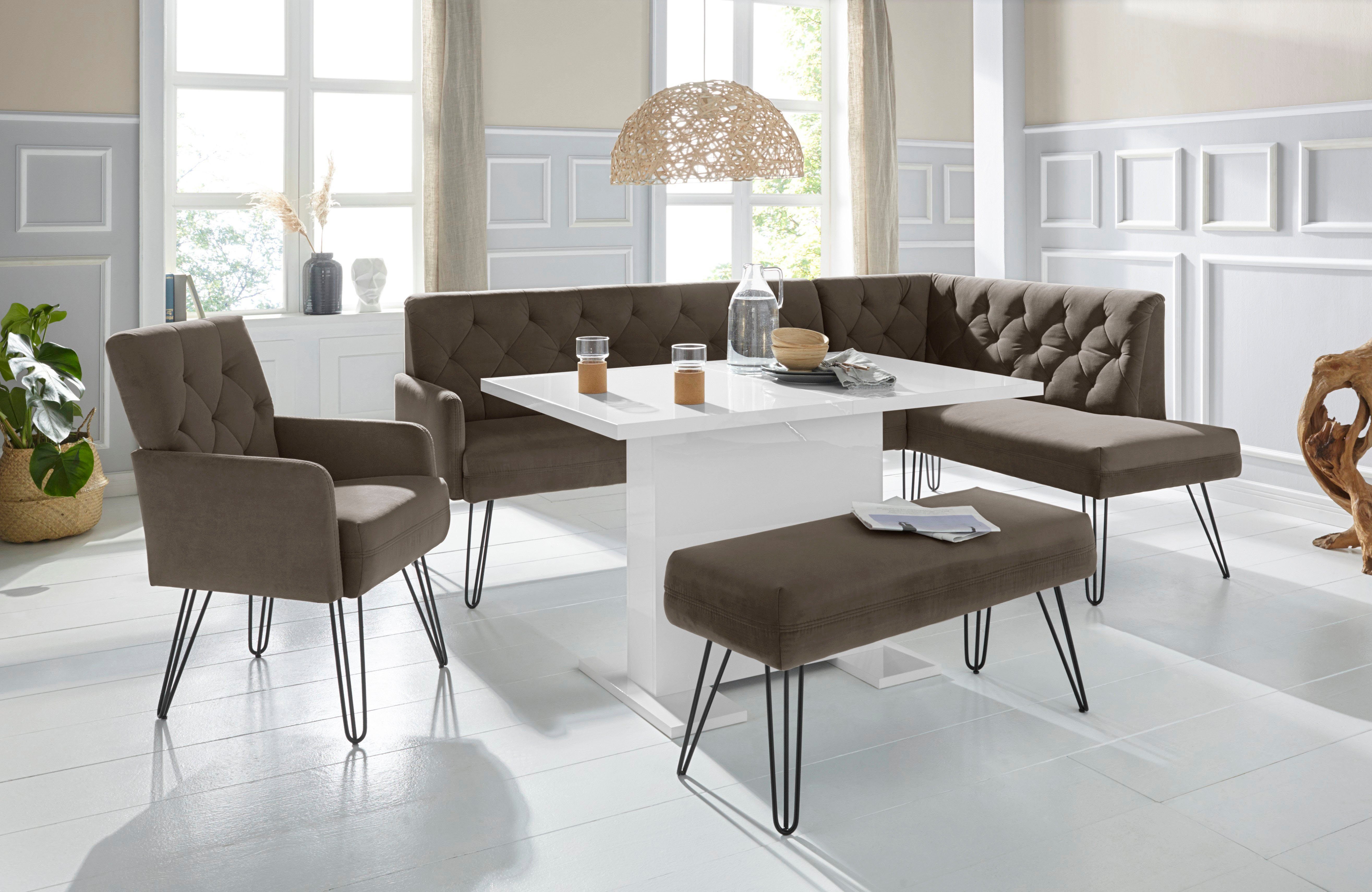 exxpo - sofa fashion Eckbank Doppio, Chesterfield Optik, komfortabel und bequem, hohe Designfüße, Frei im Raum stellbar