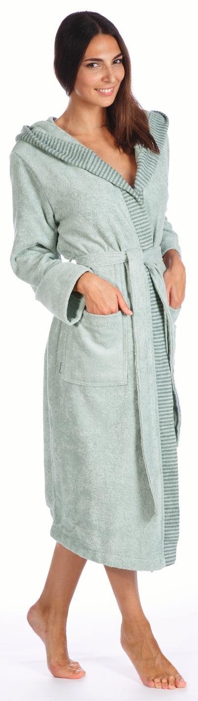 Egeria Damenbademantel Benny, ideal für Sauna & Spa, Hotelbademantel, Morgenmantel, Langform, Walkfrottee, Kapuze, Gürtel, mit Streifenbordüre