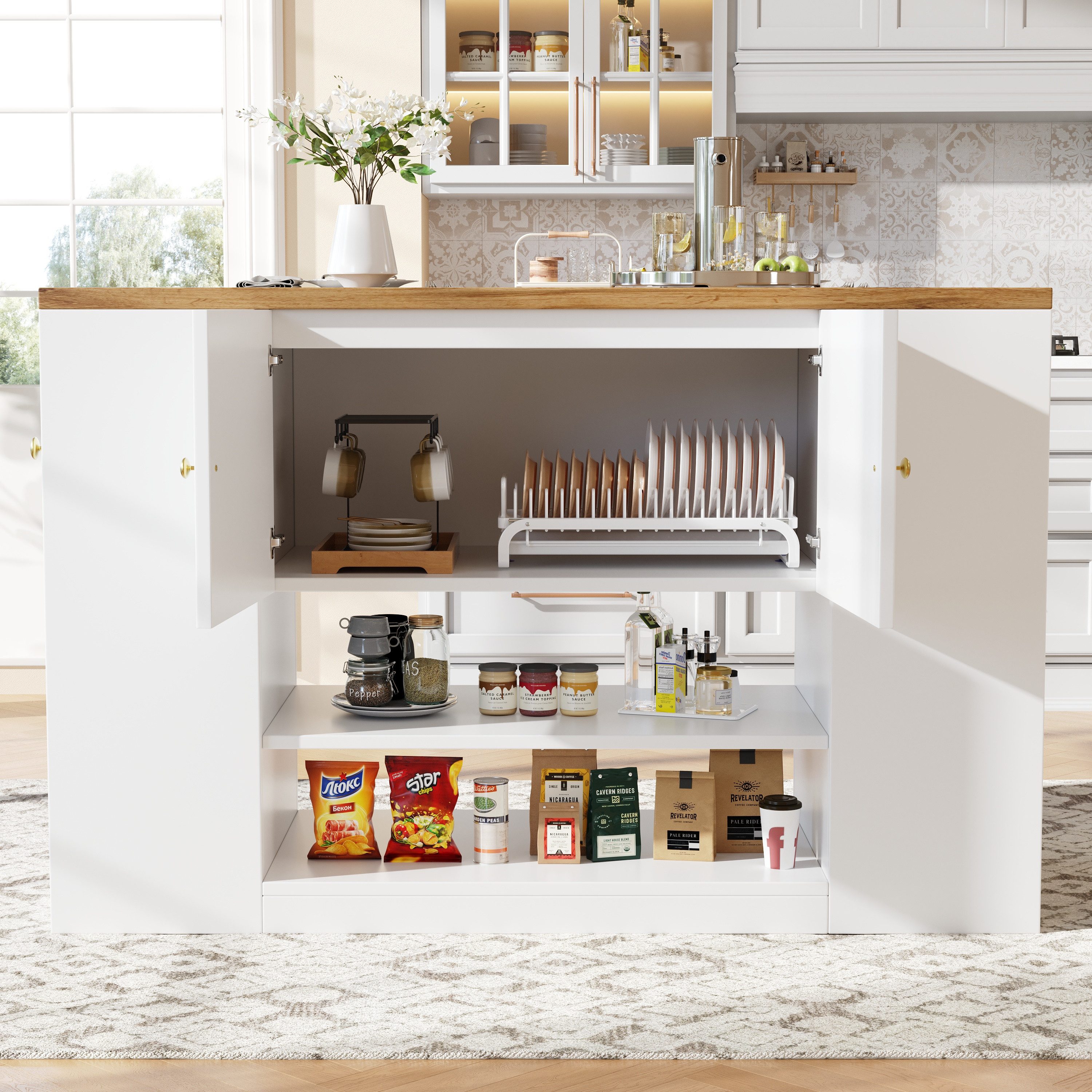 Flieks Kücheninsel mit erweiterbarer Arbeitsplatte, (klappbare Tischplatte, B140/H90/T40-70 cm), Küchenschrank mit Schubladen und Regalen Buffetschrank Sideboar – Bild 3 von 5