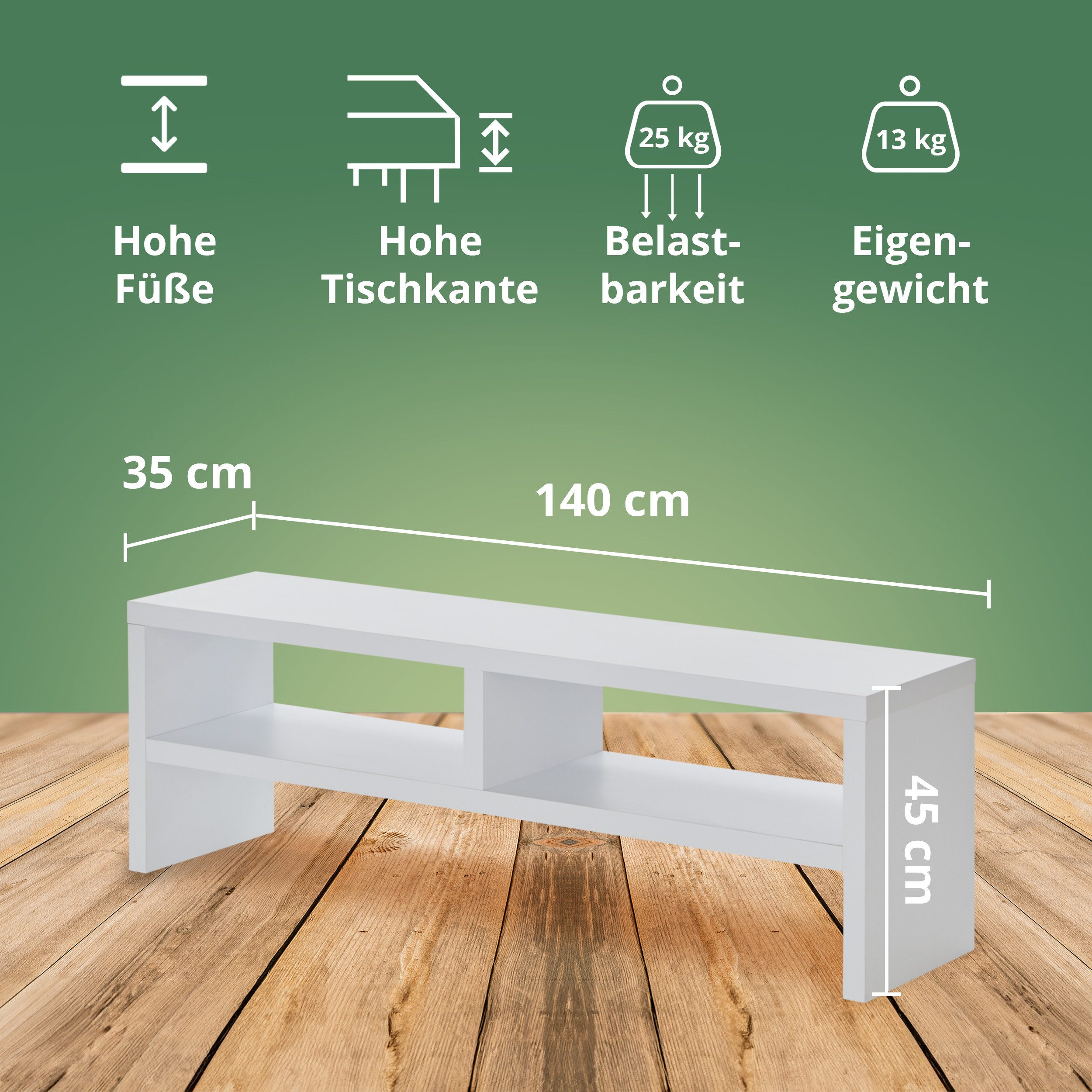 KHG TV-Board TV-Schrank Weiß mit 2 offenen Fächern 140x45x35 cm (Kompaktes Lowboard mit viel Stauraum, stabile Konstruktion, 1 St., Kabelmanagement durch offene – Bild 4 von 5