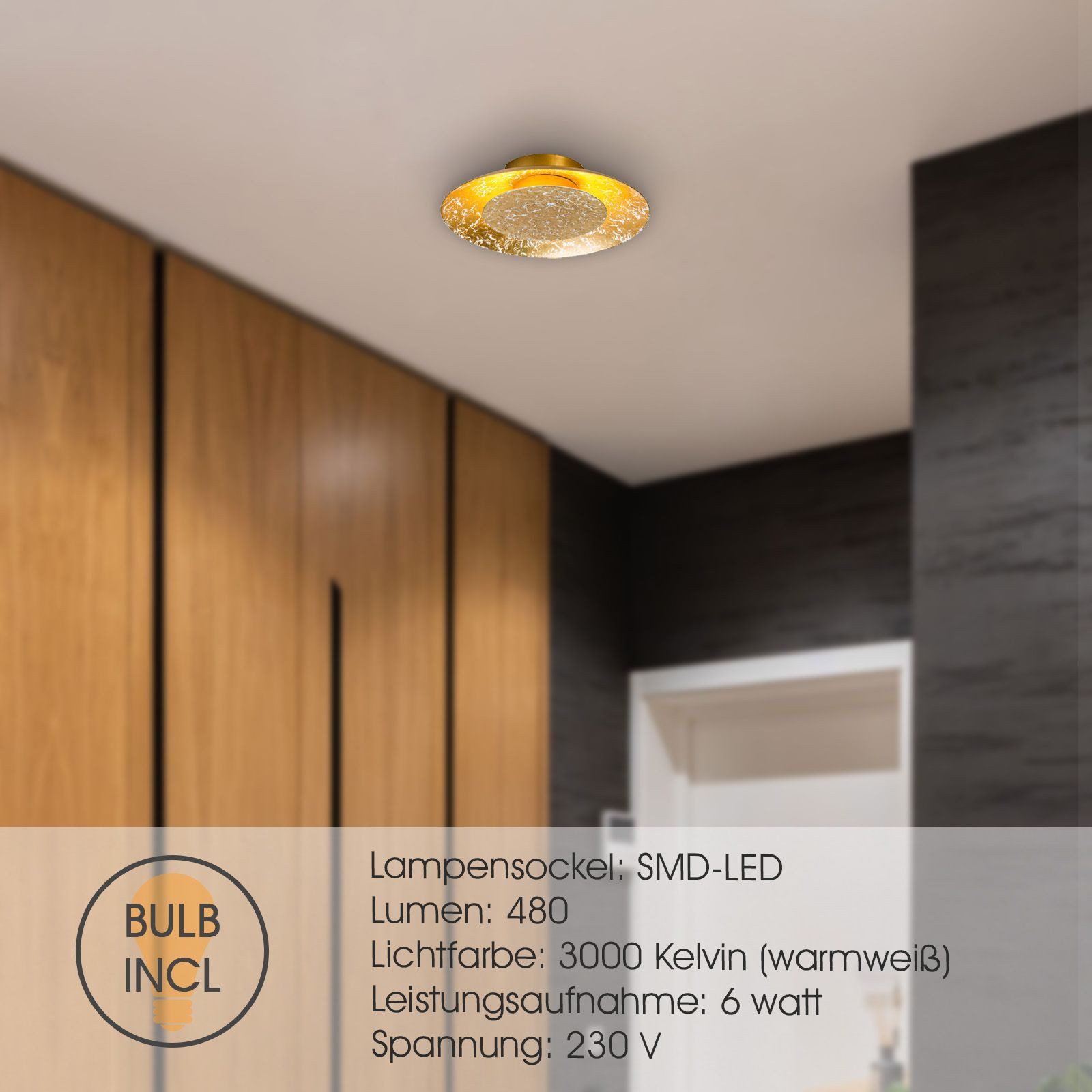 NOWA Deckenleuchte Deckenleuchte LED Wohnzimmer Gold Deckenlampe rund 22 cm Schlafzimmer, marmoriert, LED fest integriert, Warmweiß, goldfarben